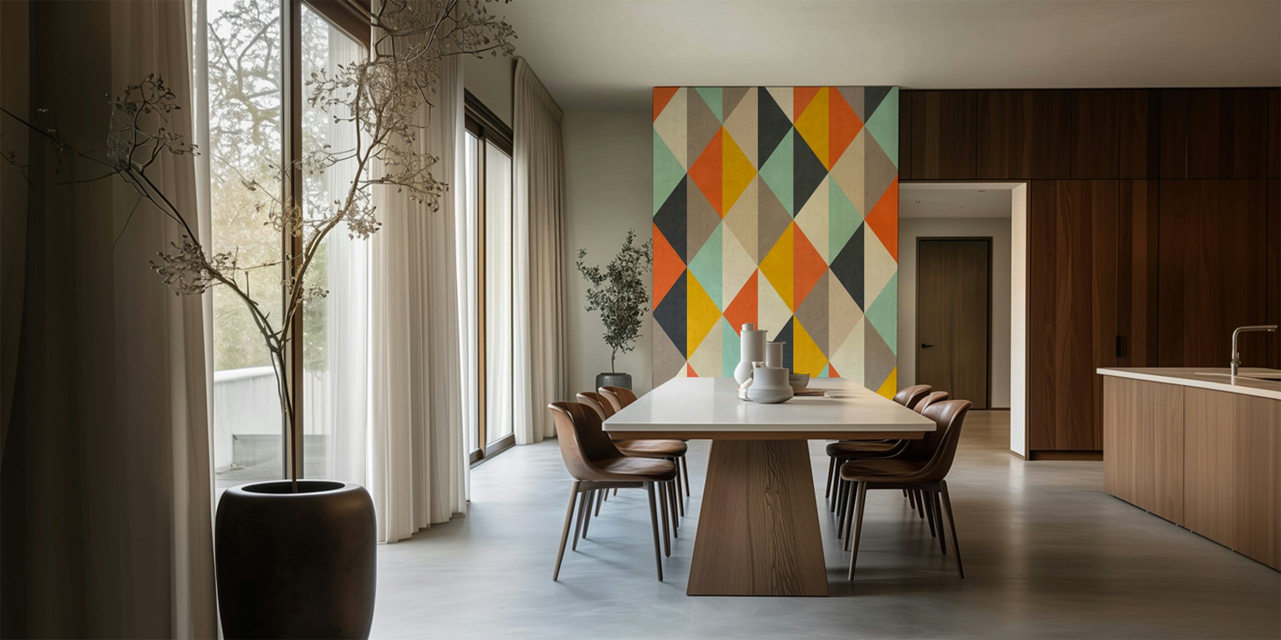 Geometrisches Wandbild „Colored Pattern IV“ mit leuchtenden Dreiecken in Orange, Blaugrün und Grau