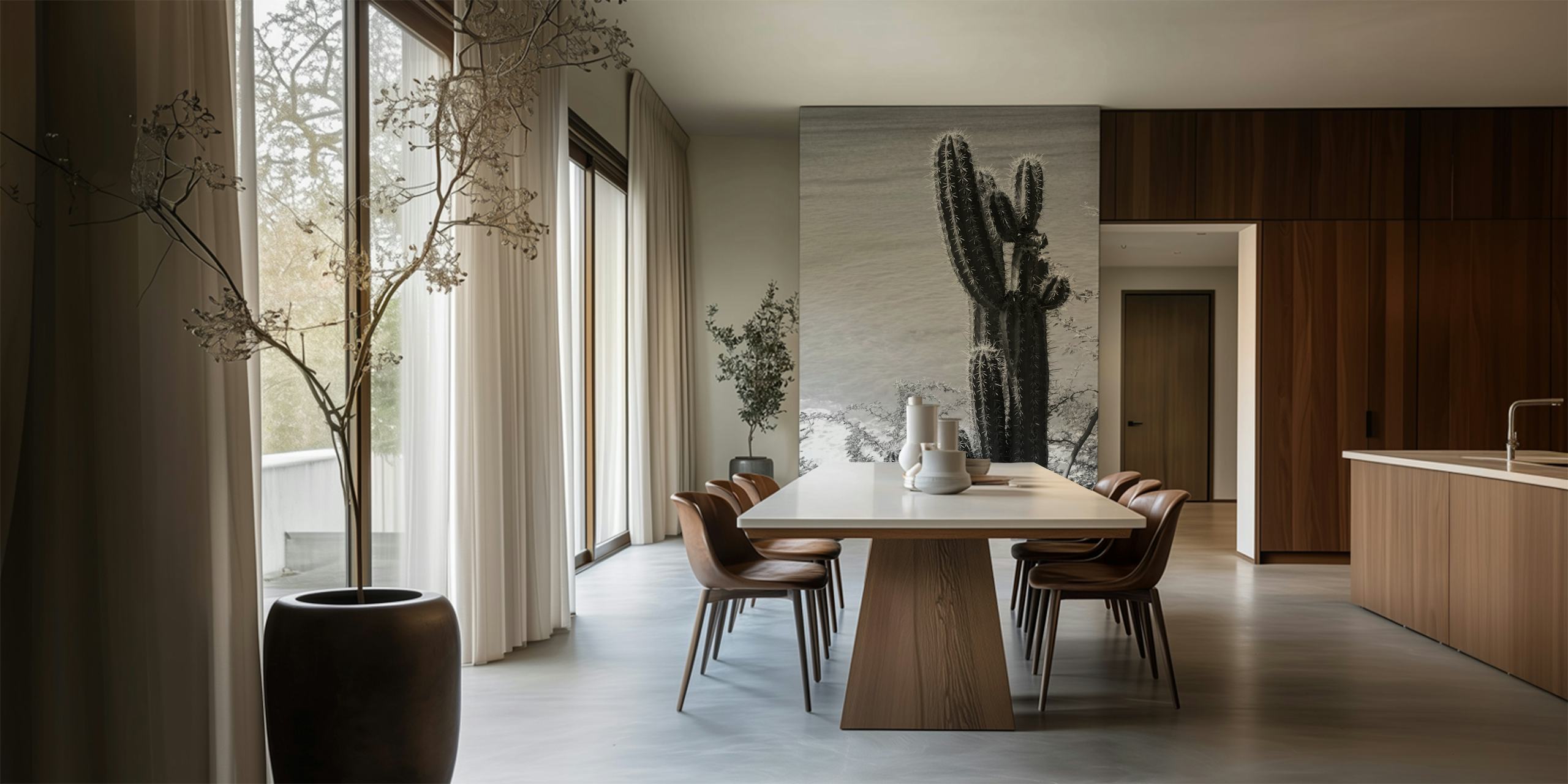 Black and white cactus against the ocean view wallpaper