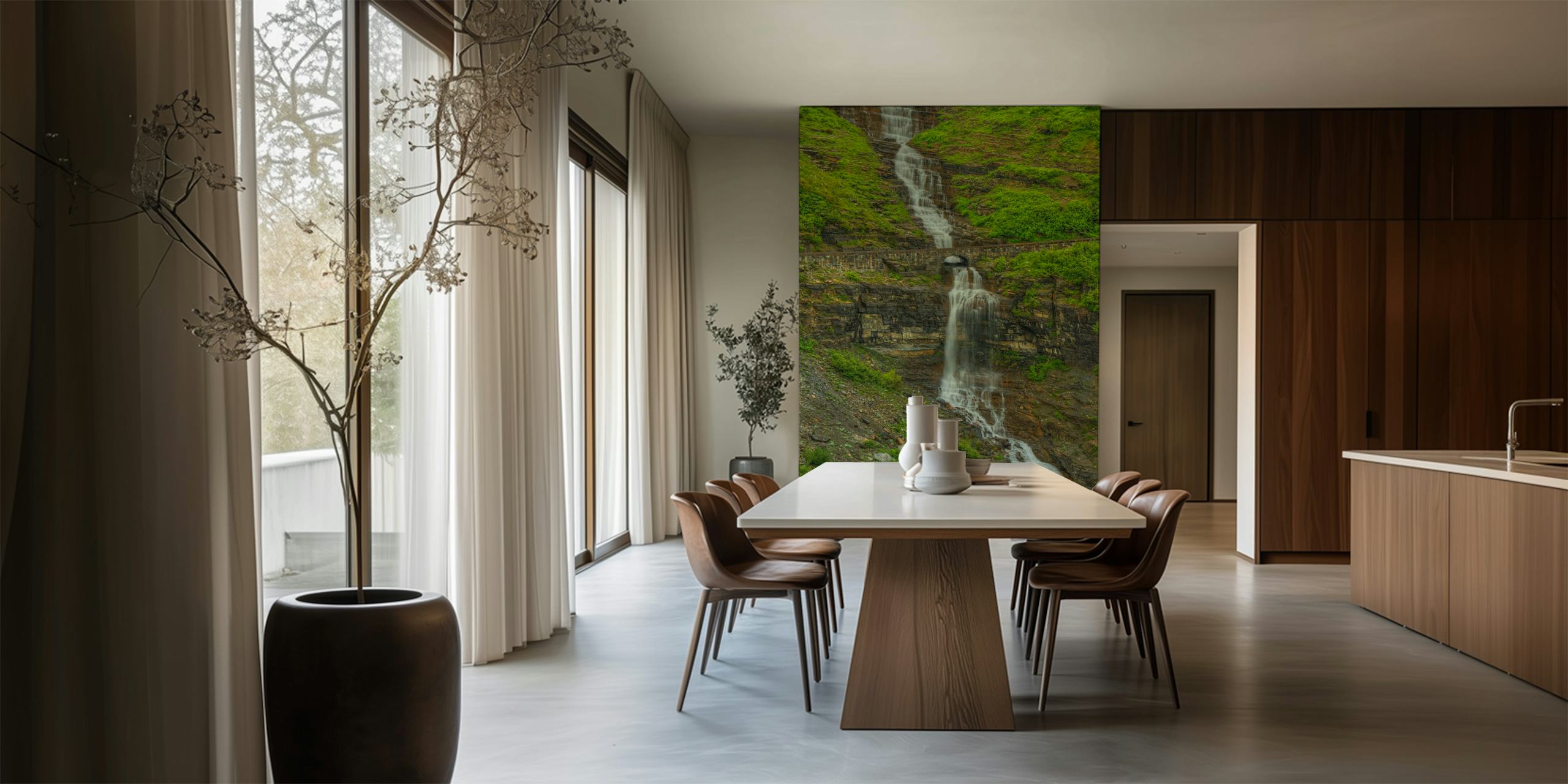 Waterfall cascading down rocky mountain with greenery wallpaper