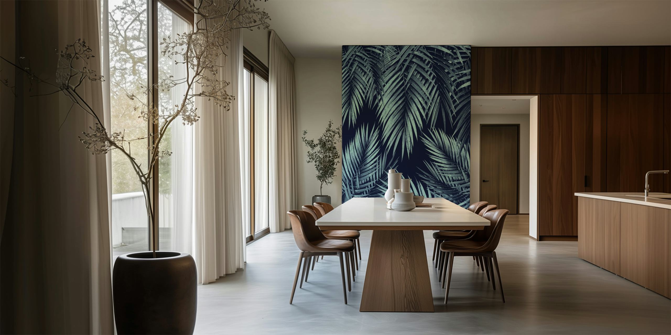 Palm Leaf Jungle Night Vibes fototapet med mörk bakgrund