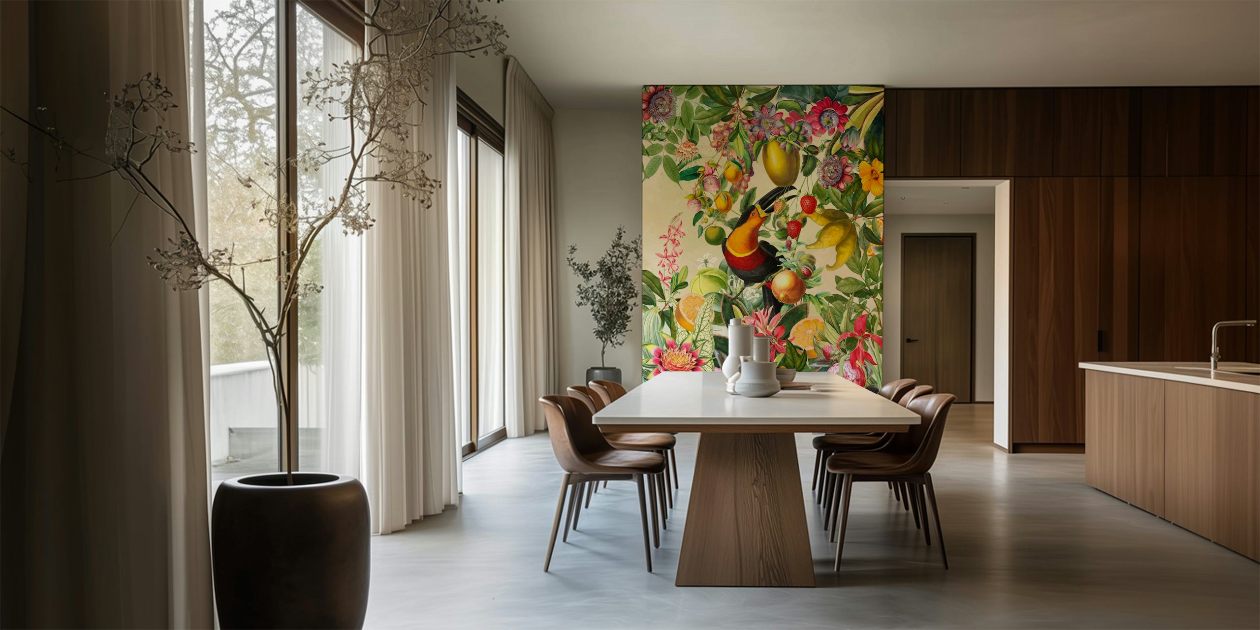Toucan och tropiska blommor tapet i ett rum