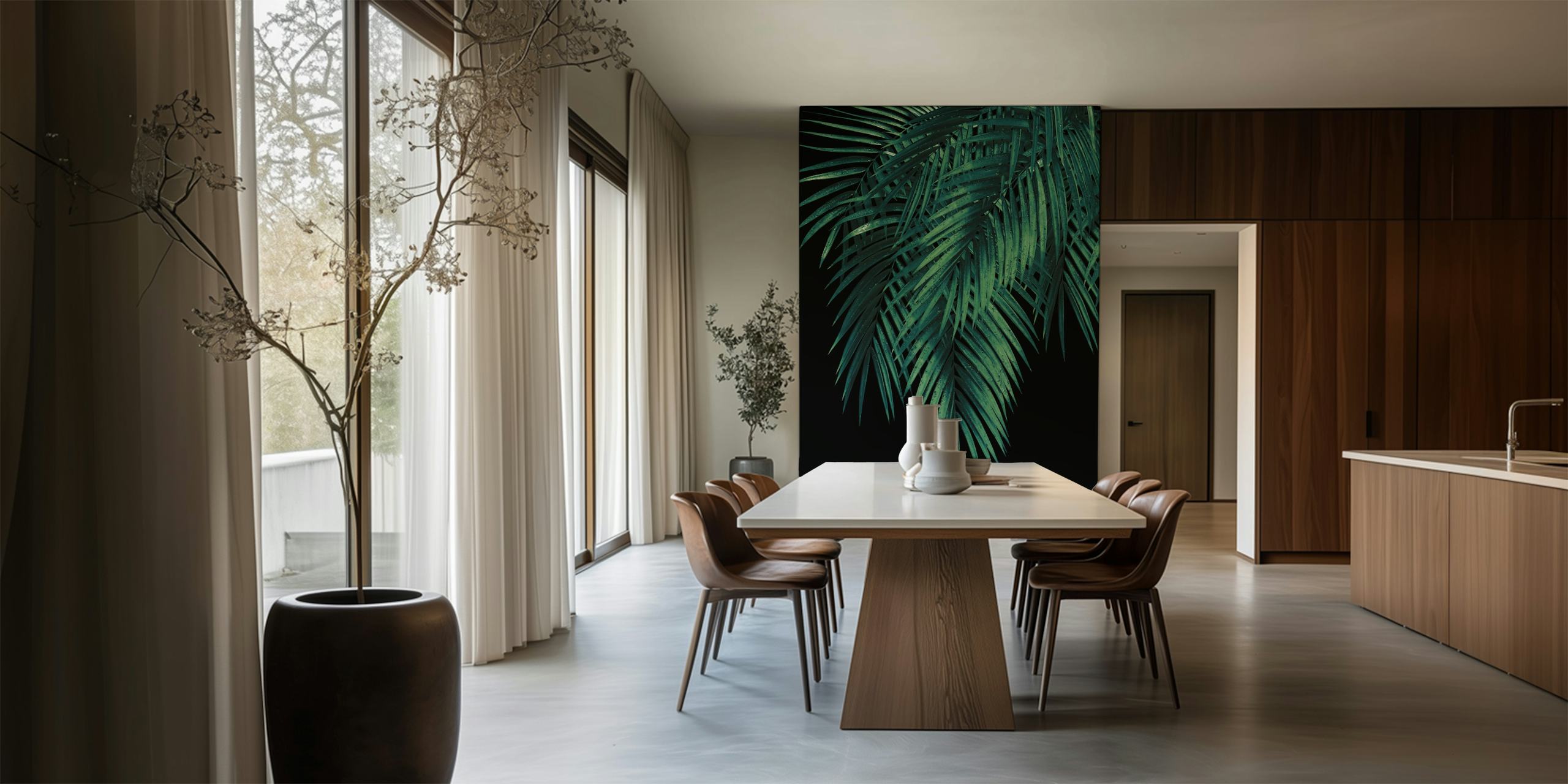 Verdant palm leaves against a dark night backdrop wall mural