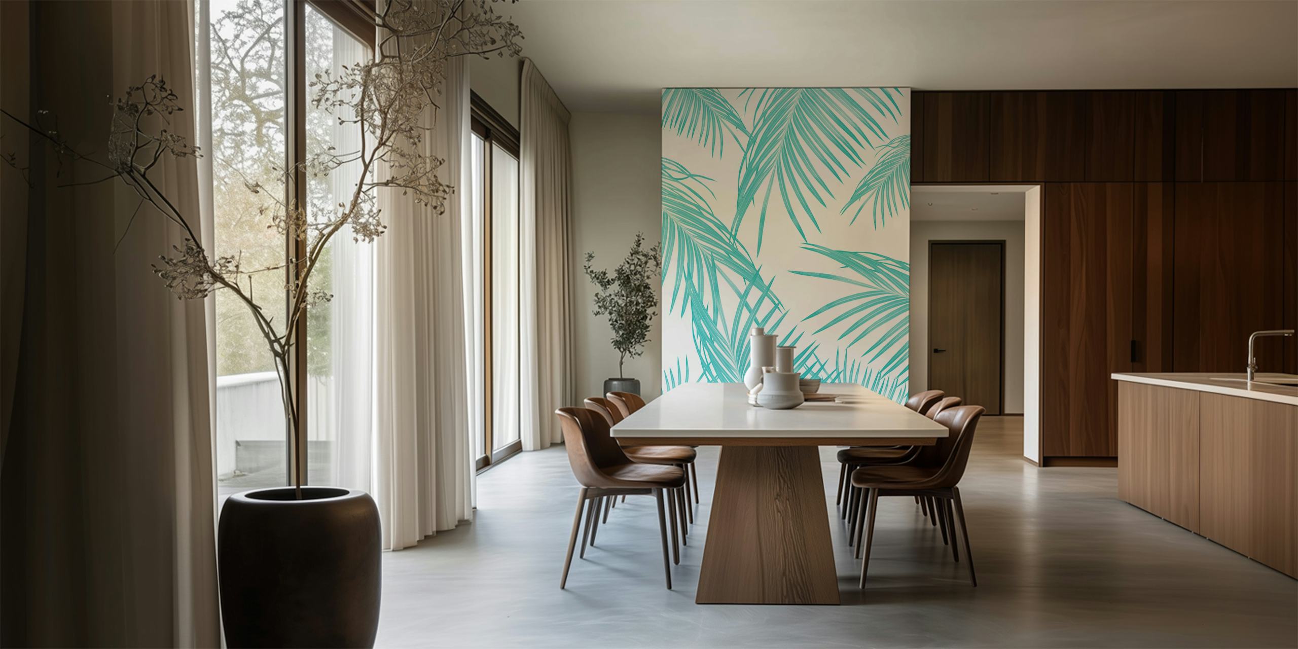 Soft turquoise palm leaves pattern wall mural