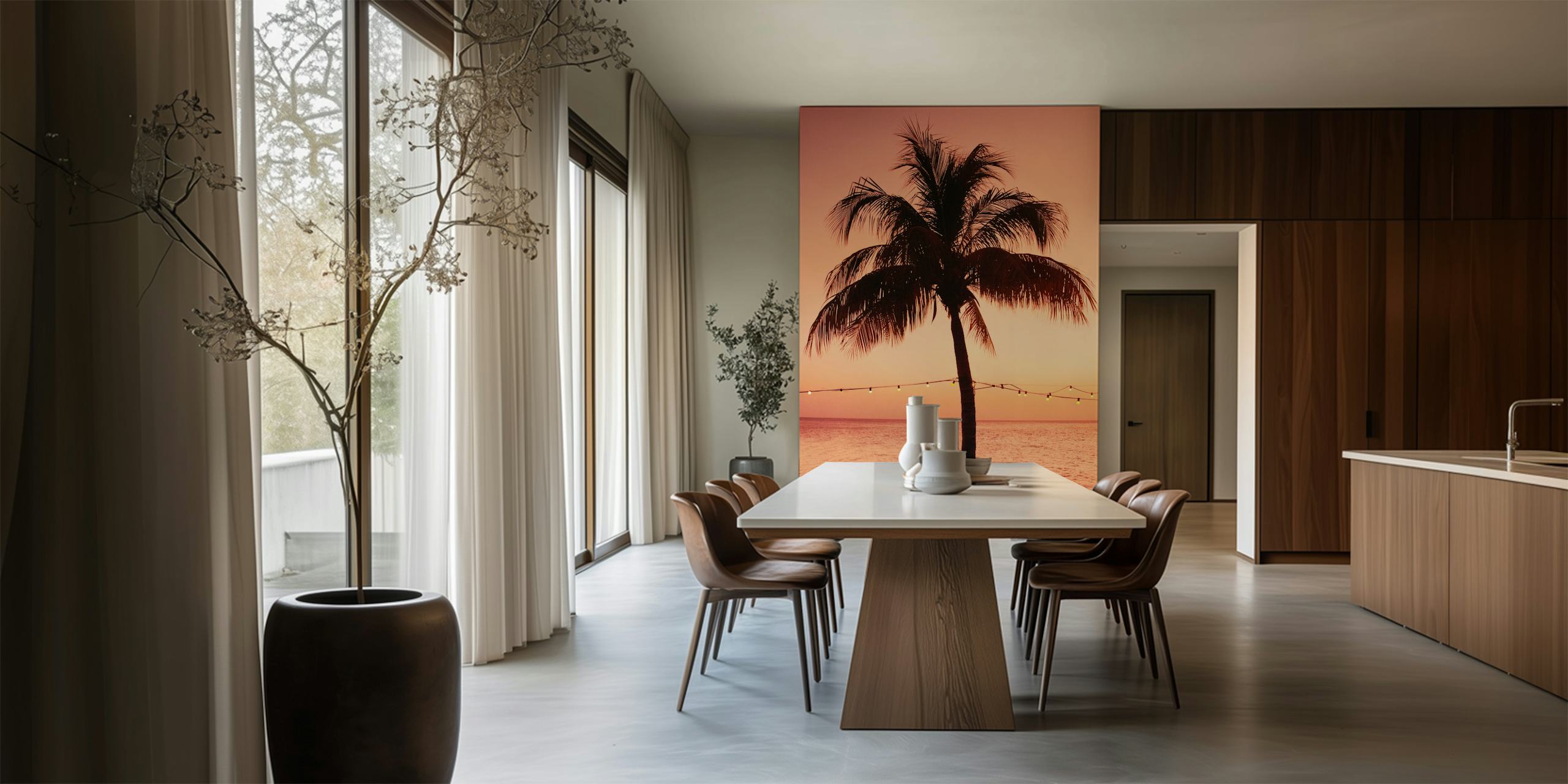 Palm tree silhouette at sunset with soft pink and orange tones wallpaper