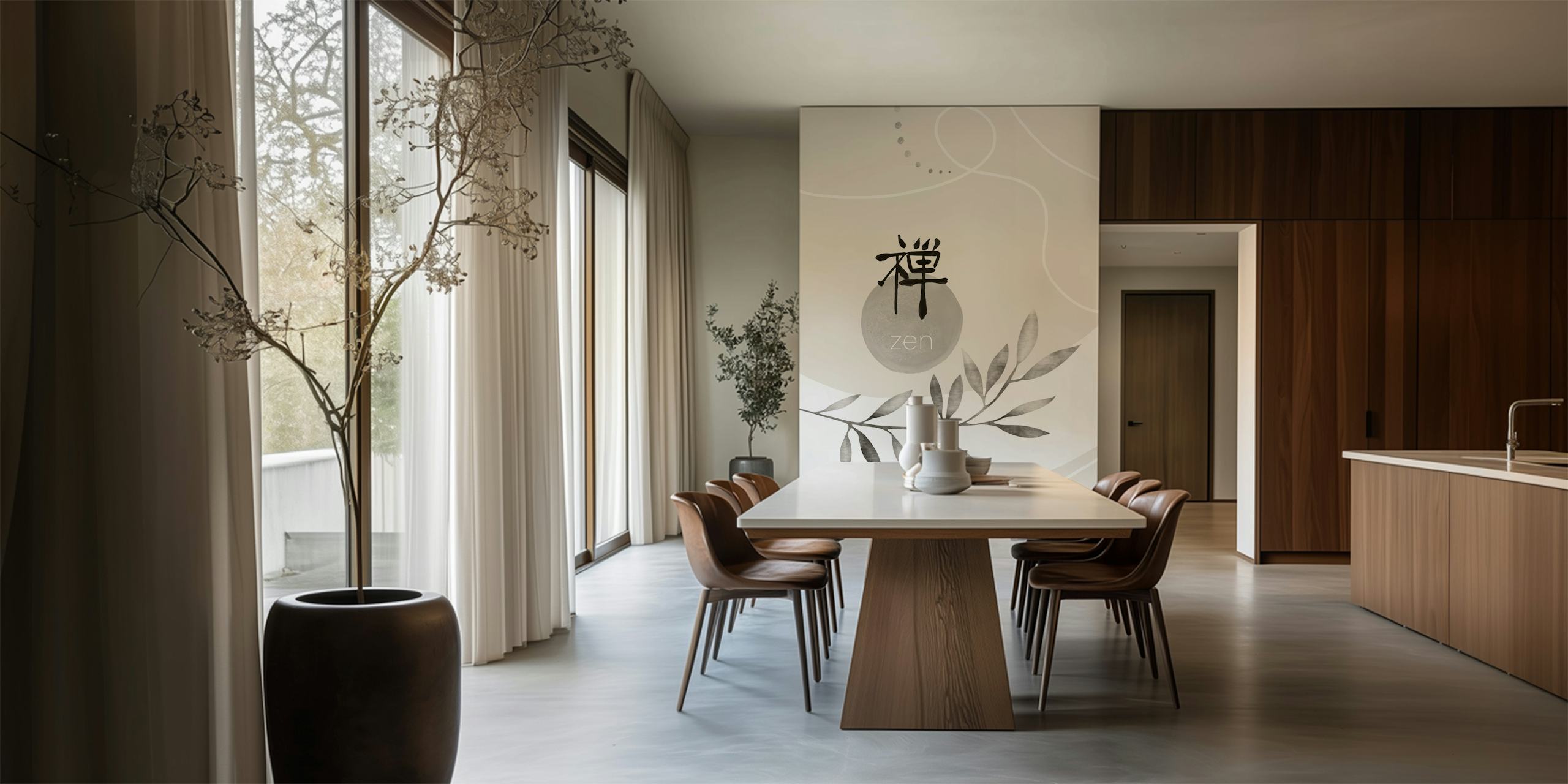 Minimalist grey and beige wallpaper with leaf patterns and Zen text