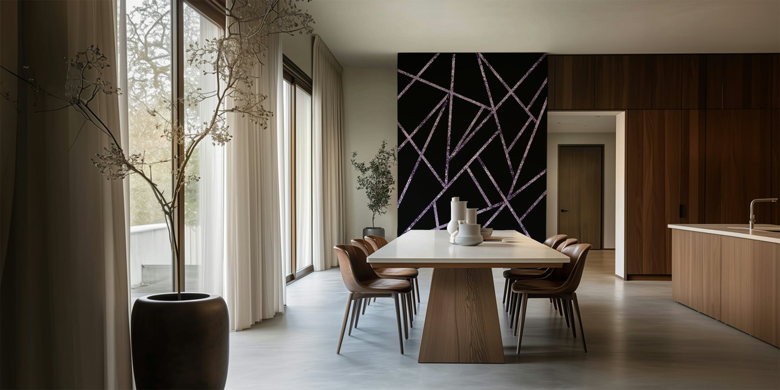 Klassiek violet glitter geometrisch fotobehang met kruisende lijnen en glinsterende texturen.