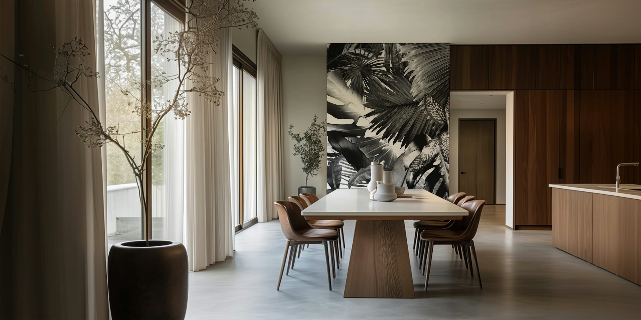 Black tropical palm leaves wallpaper with varying shapes and sizes