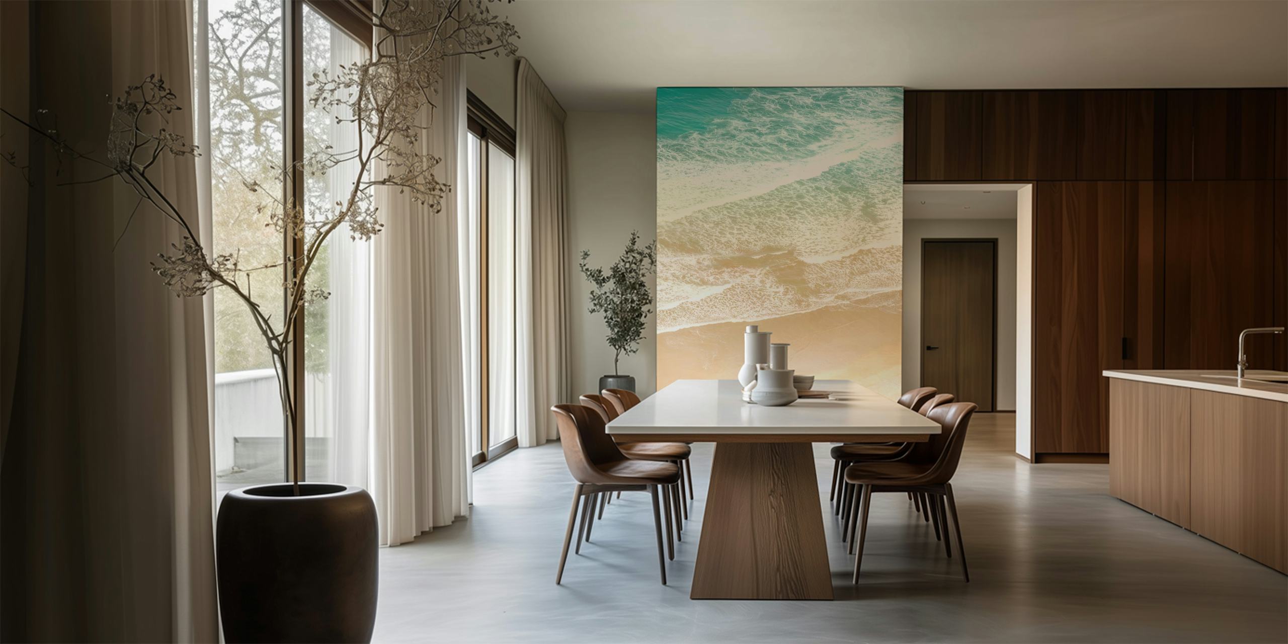 Ocean wave patterns in blue and beige coastal wallpaper