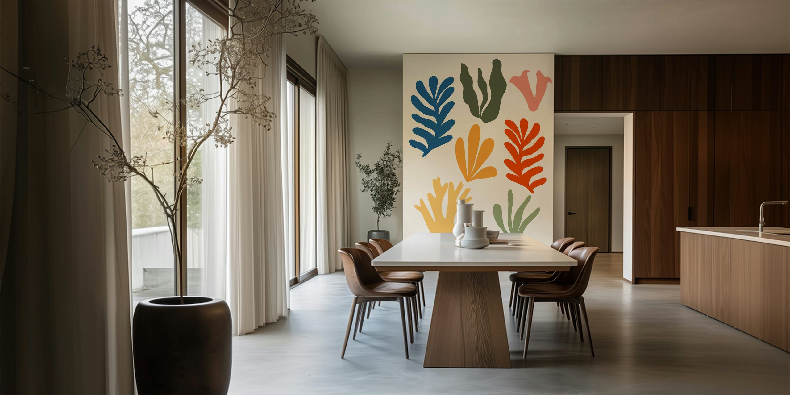 Stylized abstract seagrass wall mural with a variety of colorful shapes on a neutral background