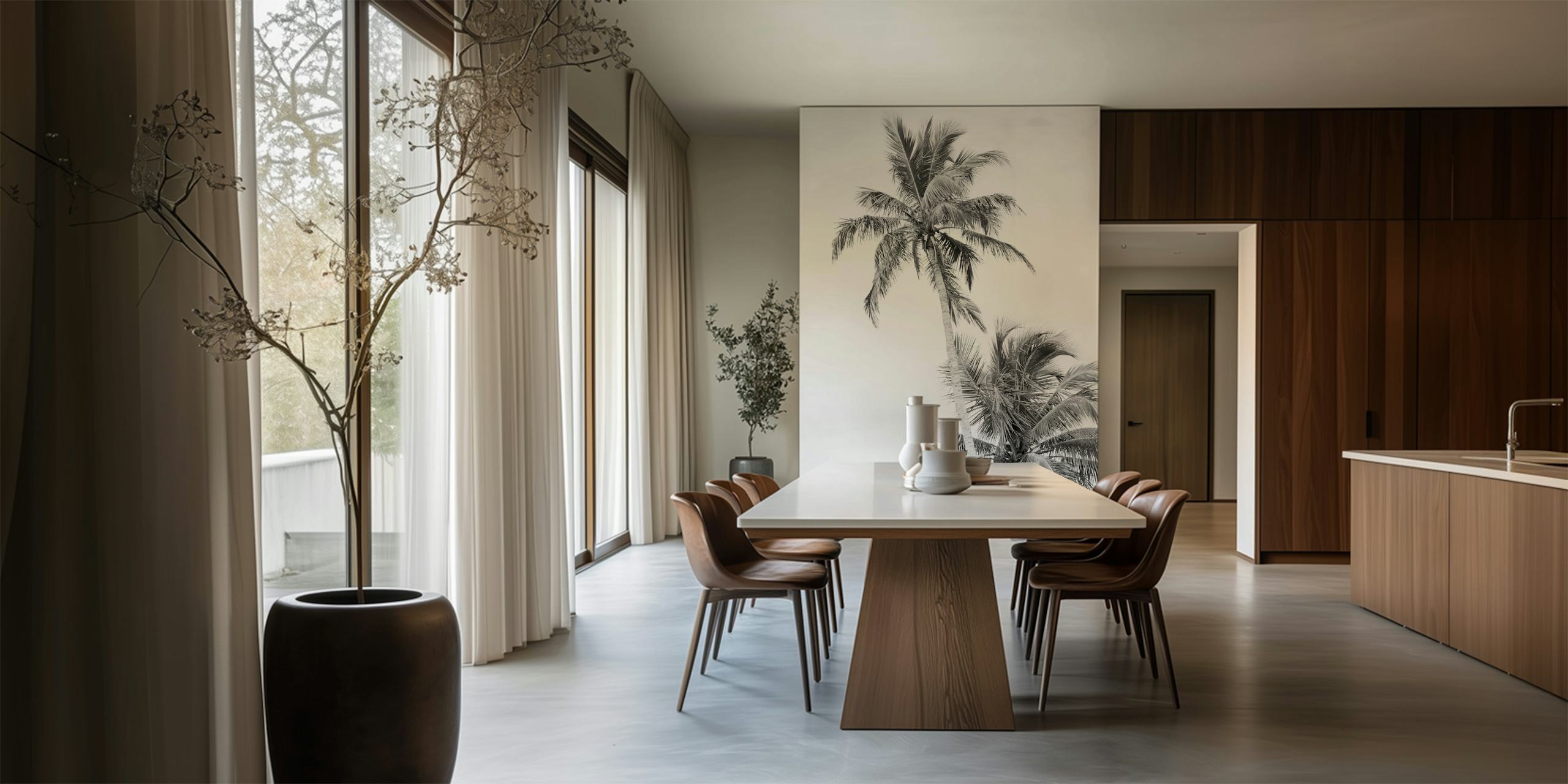 Tropical palm trees in black and white wallpaper
