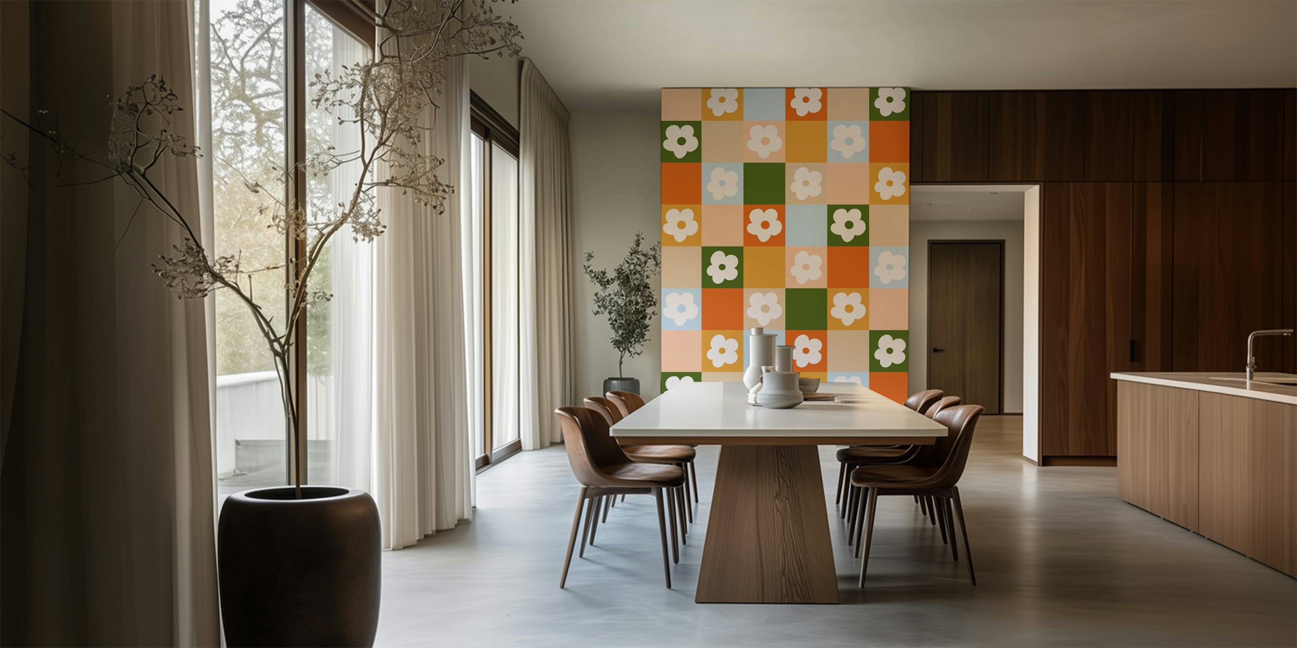 Colorful floral patterns on a retro checkered wallpaper design