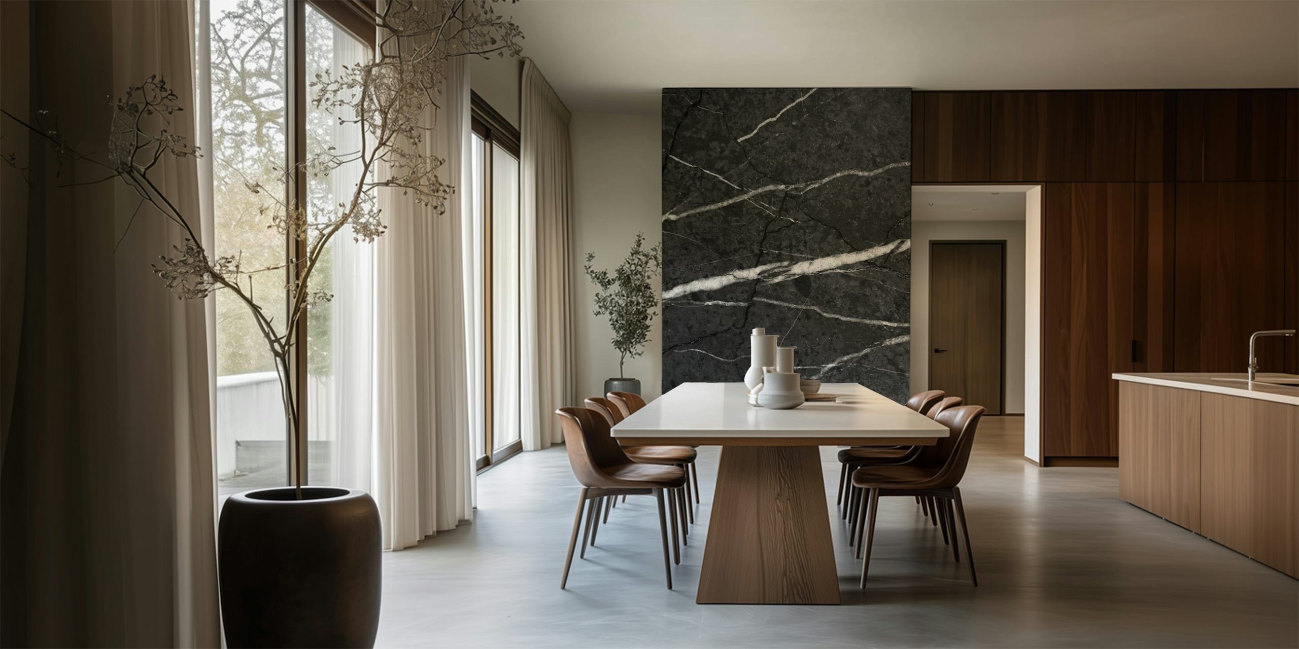 Black marble wallpaper with white veining and cracks, modern style