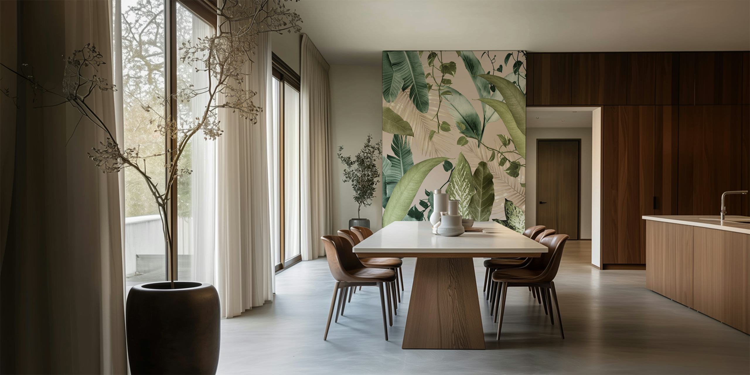 Tropical leaf patterns in various greens and muted tones wallpaper