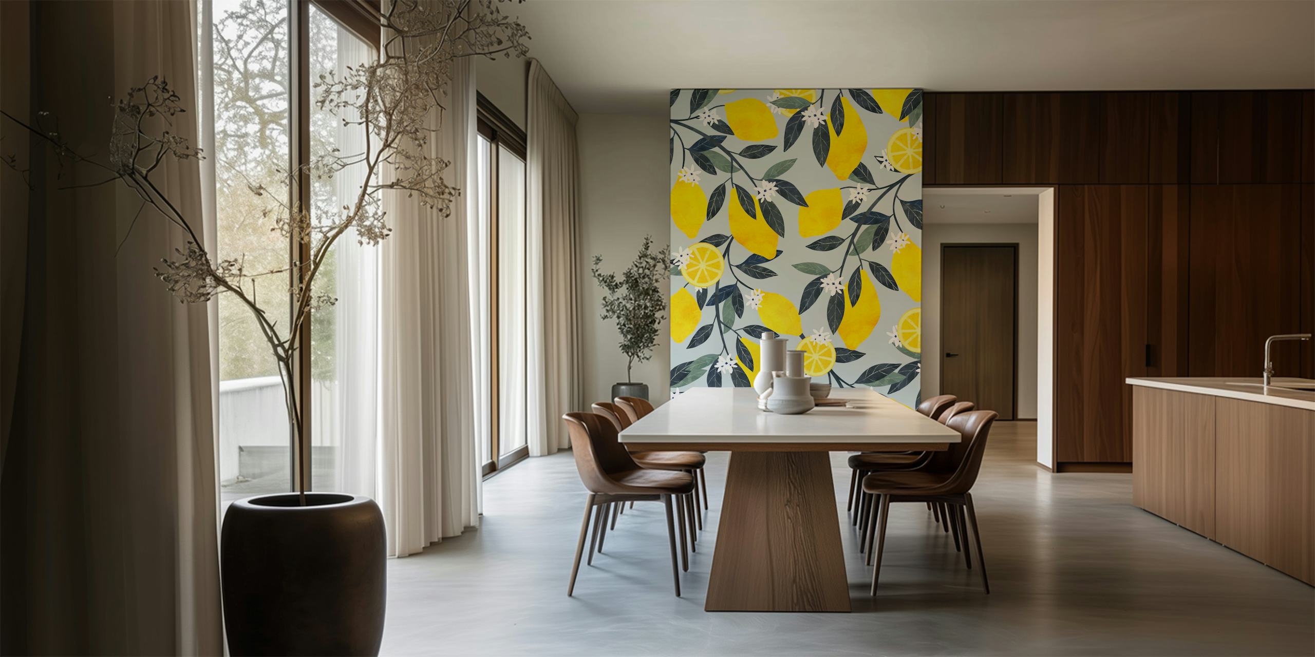 Lemon pattern with green leaves and white flowers wallpaper
