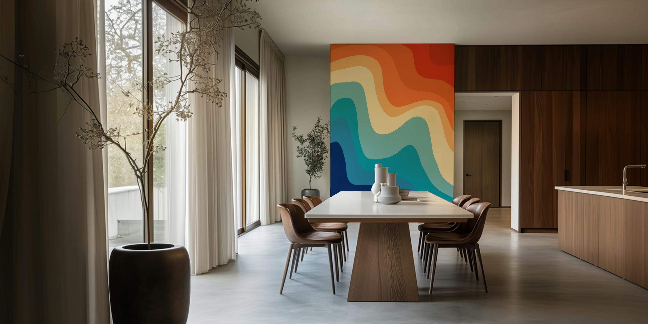 Fotomural con estampado de remolinos retro abstracto en tonos naranja, azul y crema.