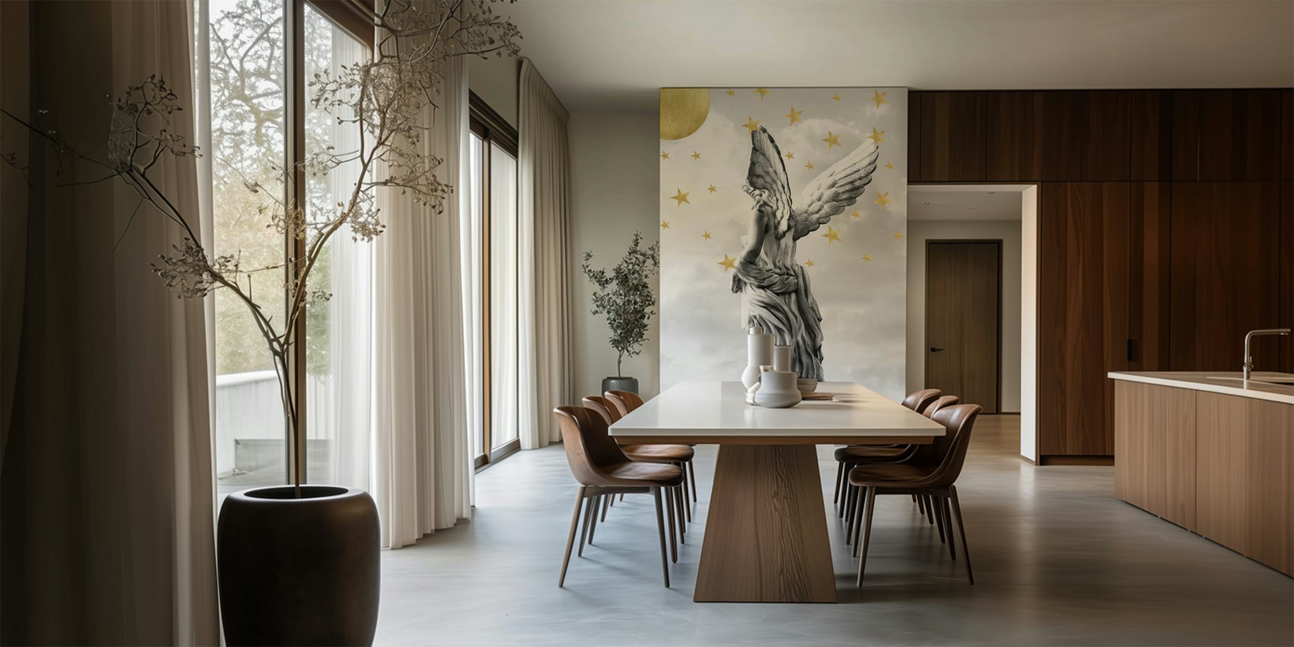 Angel statue with wings and stars against a gray background wallpaper