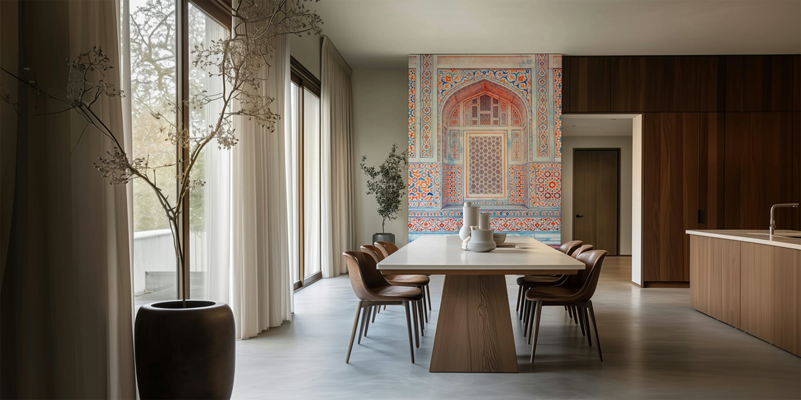Intricate Indian architectural patterns in orange and blue wallpaper
