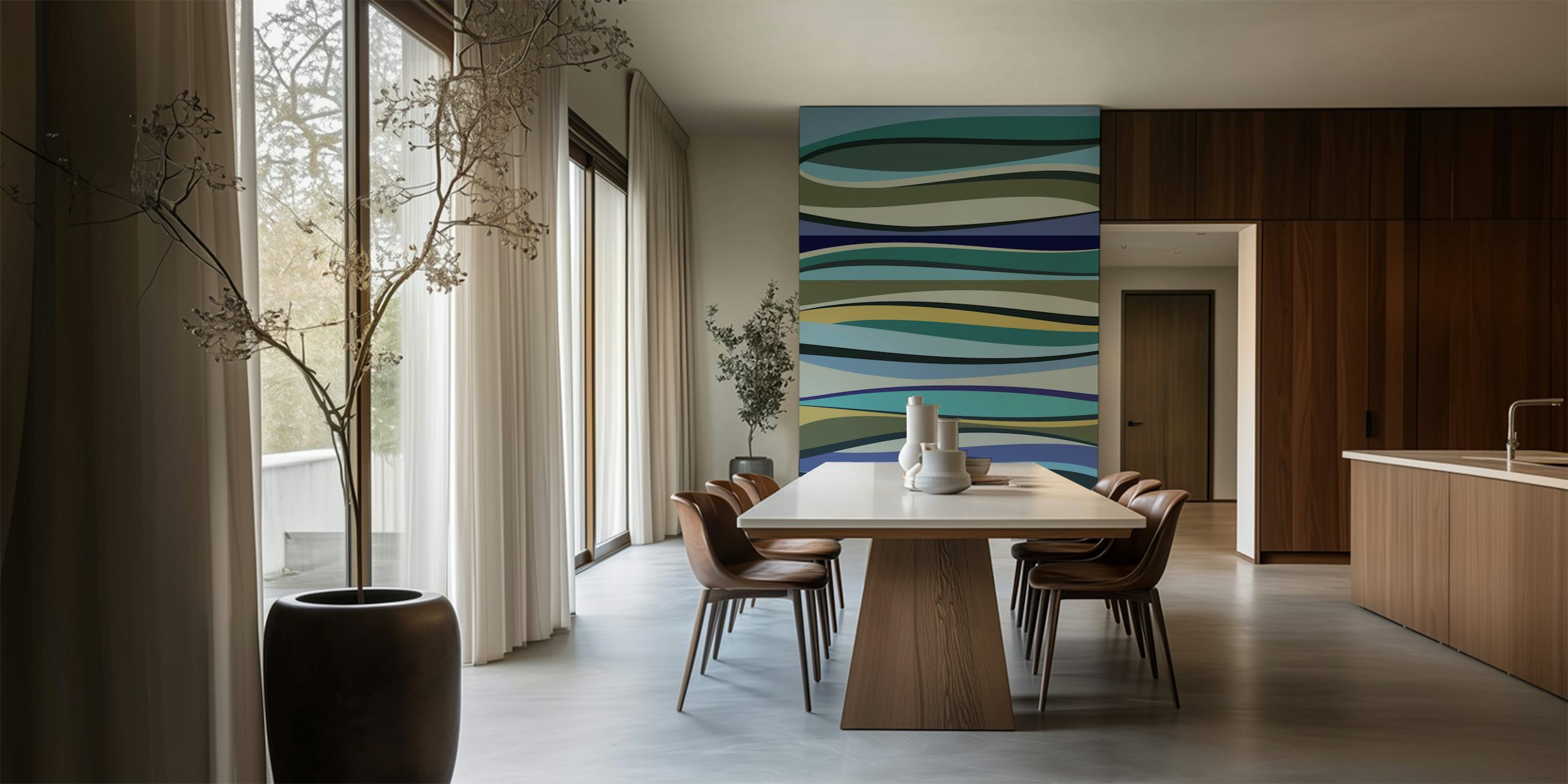 Abstract wave pattern in blue, green, and grey colors wallpaper