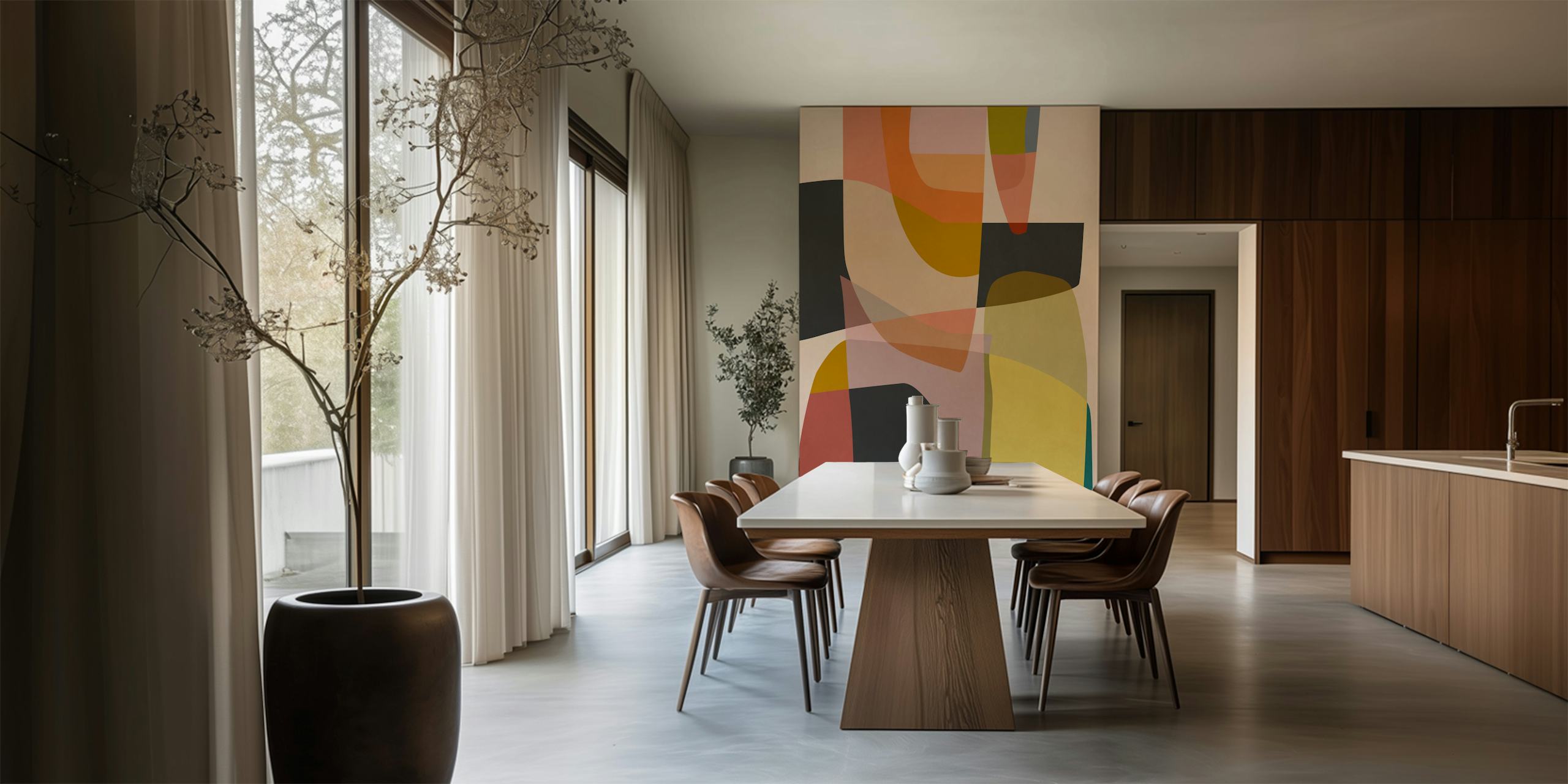 Colorful overlapping shapes in orange, pink, yellow, and black abstract wallpaper