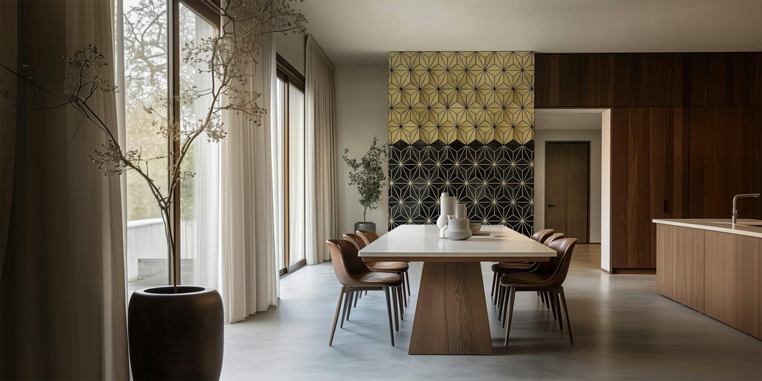 Gull og svart geometrisk mønstret veggmaleri fra happywall.com