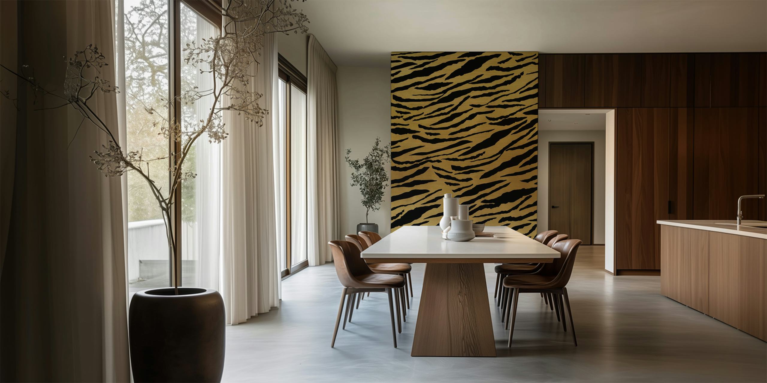 Chic black and gold tiger stripe pattern wall mural for sophisticated home decor.