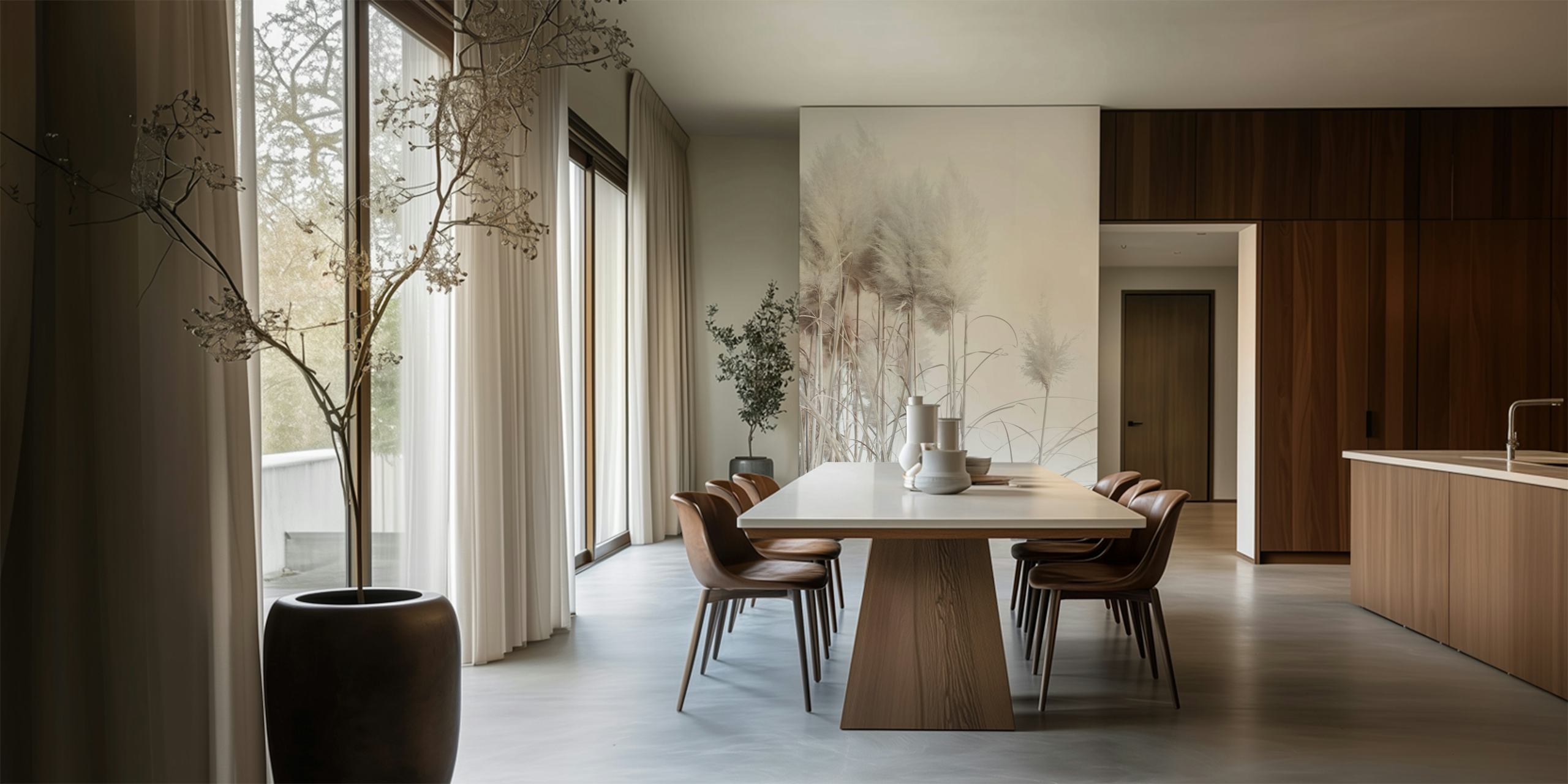 Pampas grass with soft beige tones against white background wallpaper