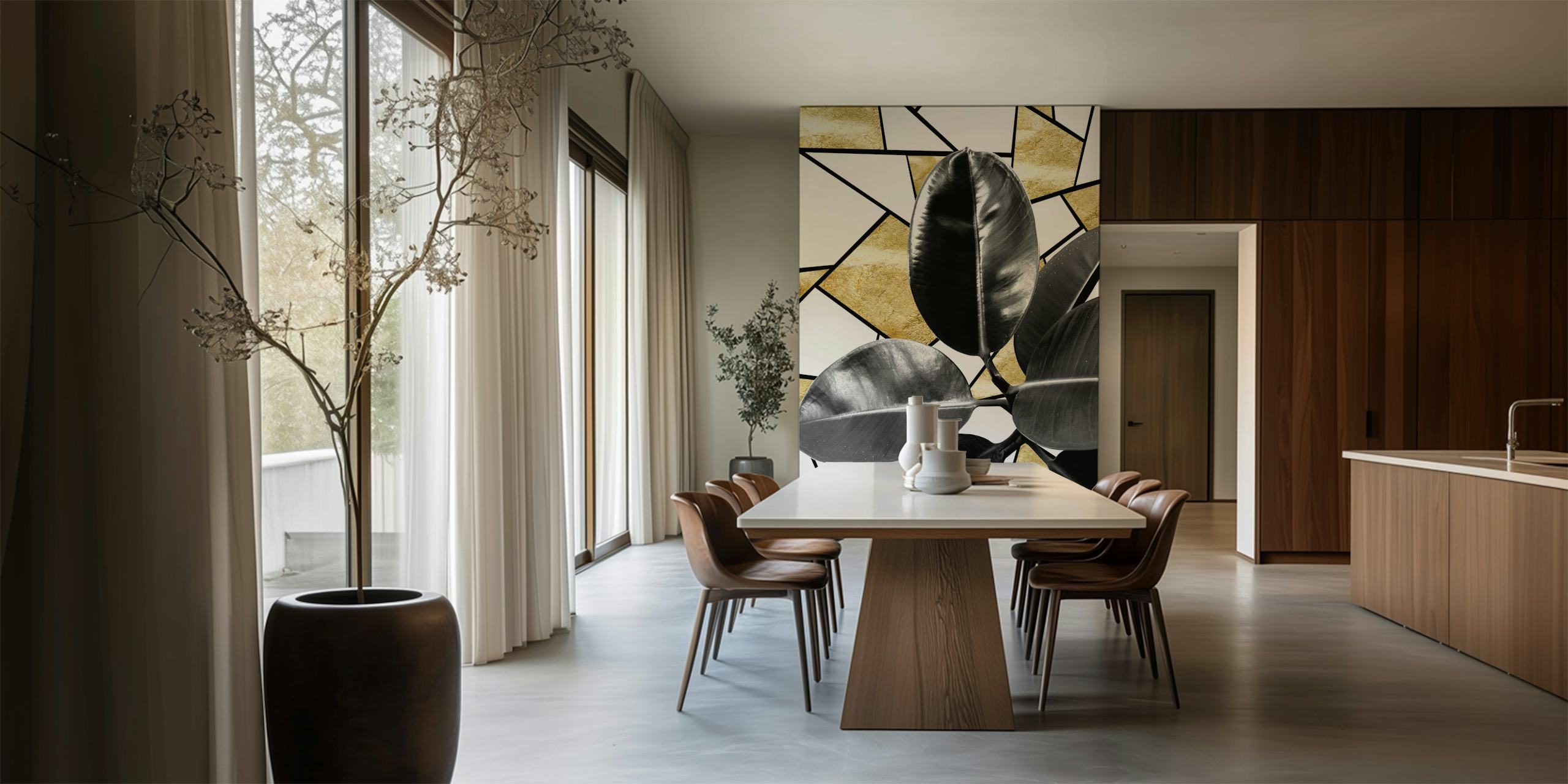 Ficus Elastica leaves with gold geometric patterns on a wall mural