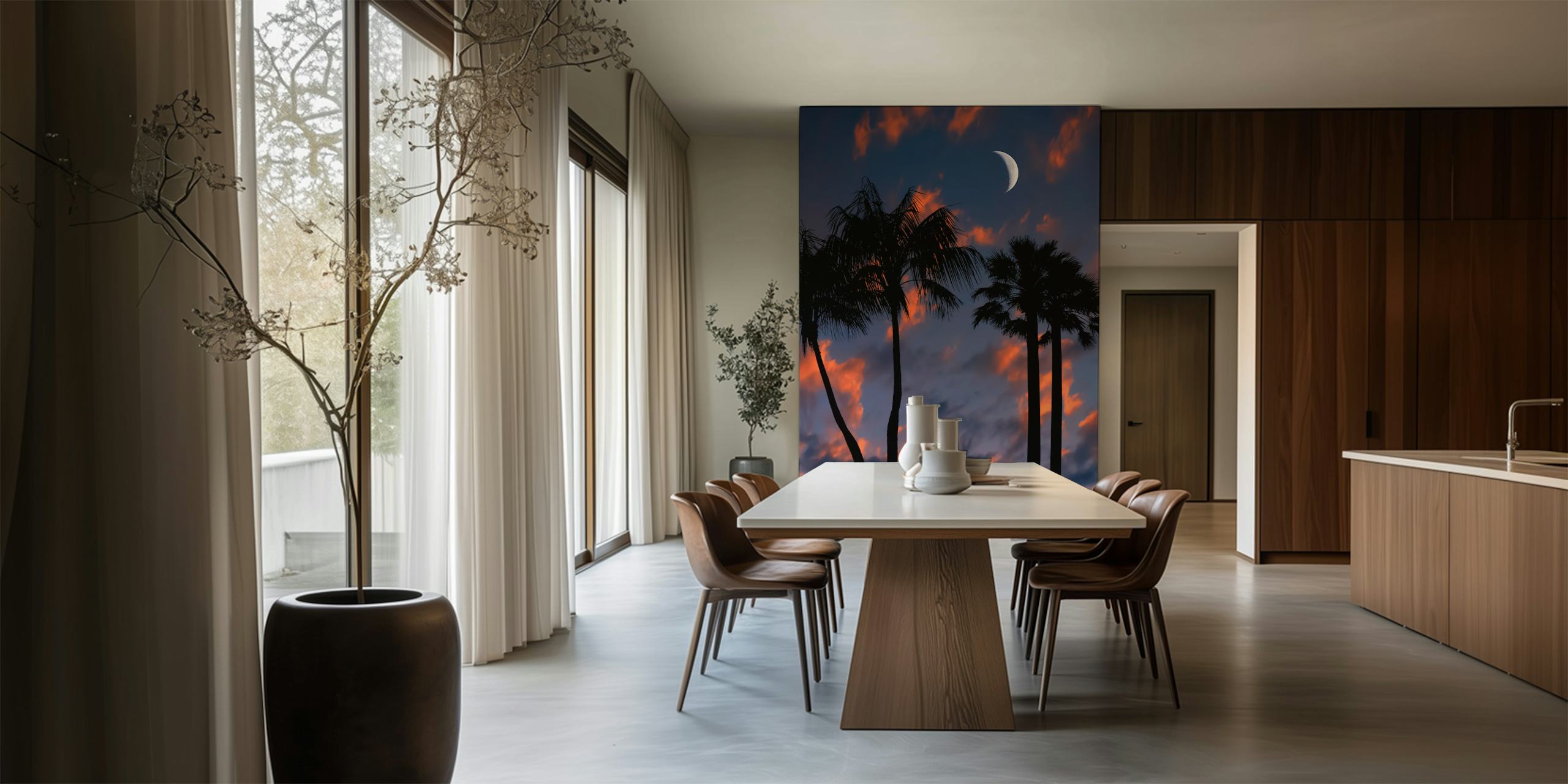 Palm trees silhouetted against a twilight sky with a crescent moon wallpaper