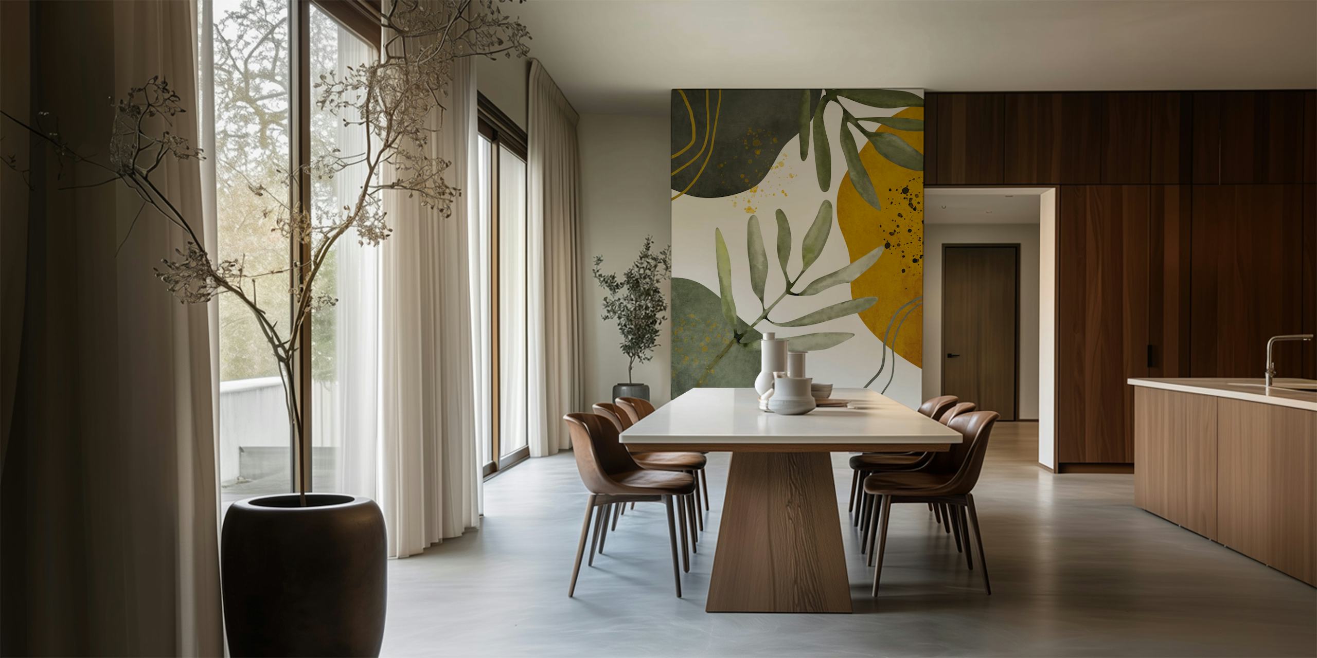 Abstract botanical leaves in muted greens with earthy-toned shapes wall mural