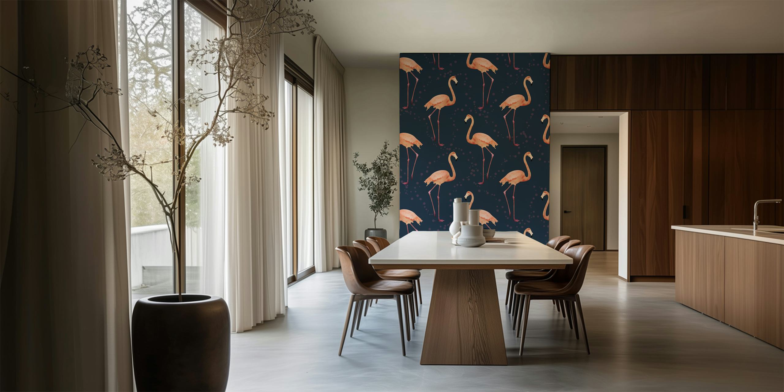 Marineblauw fotobehang met roze flamingo's in een herhalend patroon