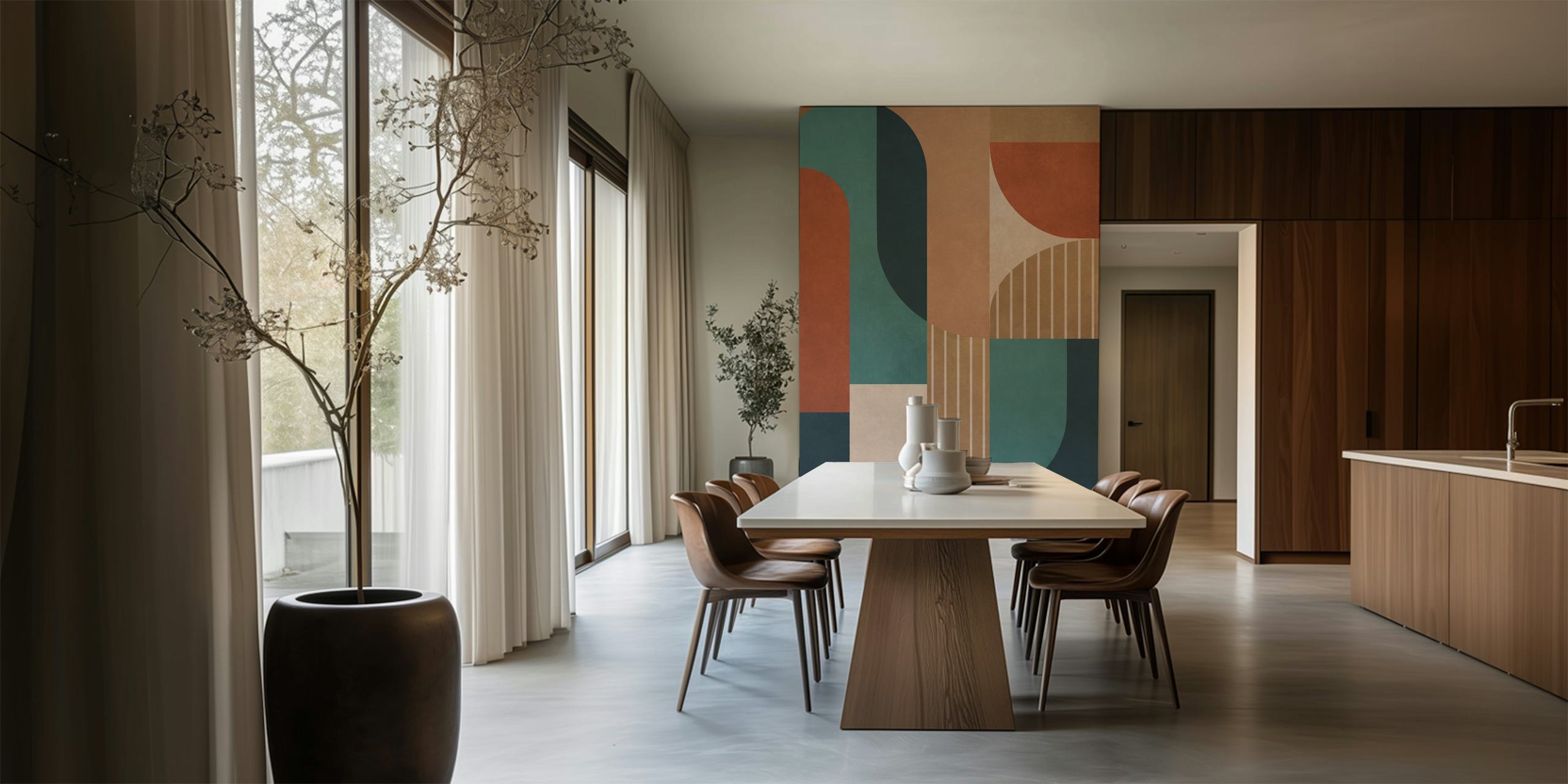 Geometric shapes in earthy tones of blue, terracotta, and beige wallpaper