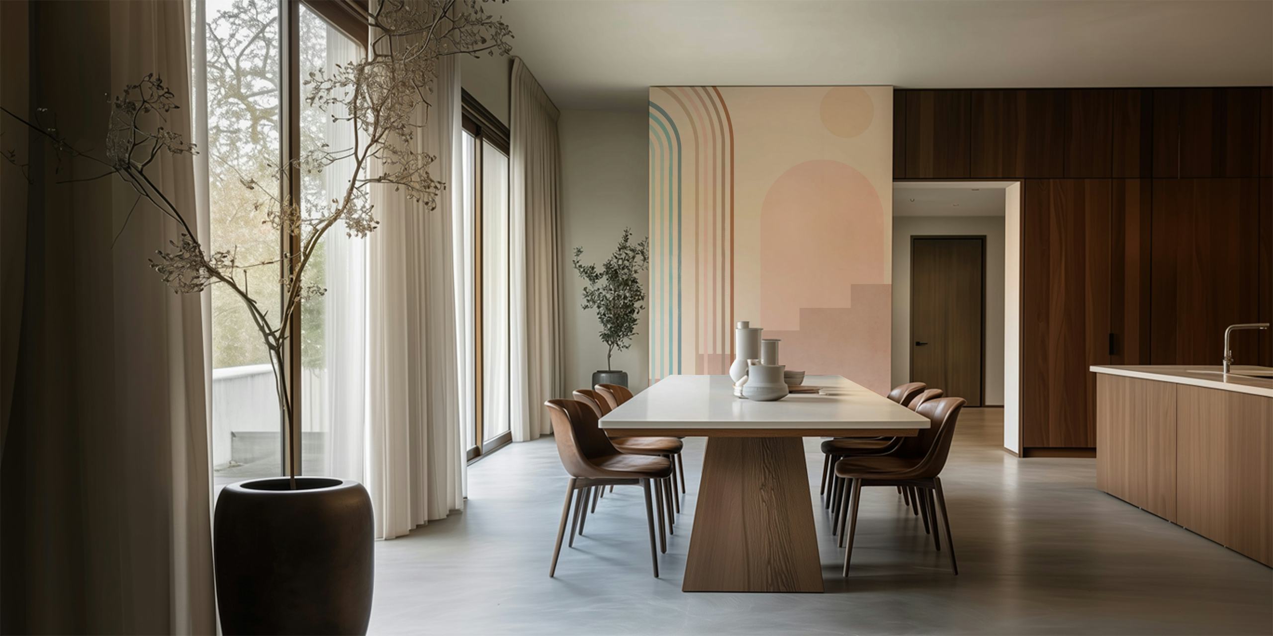 Abstract Moroccan Arch wall mural with pastel pink and blue tones and geometric shapes