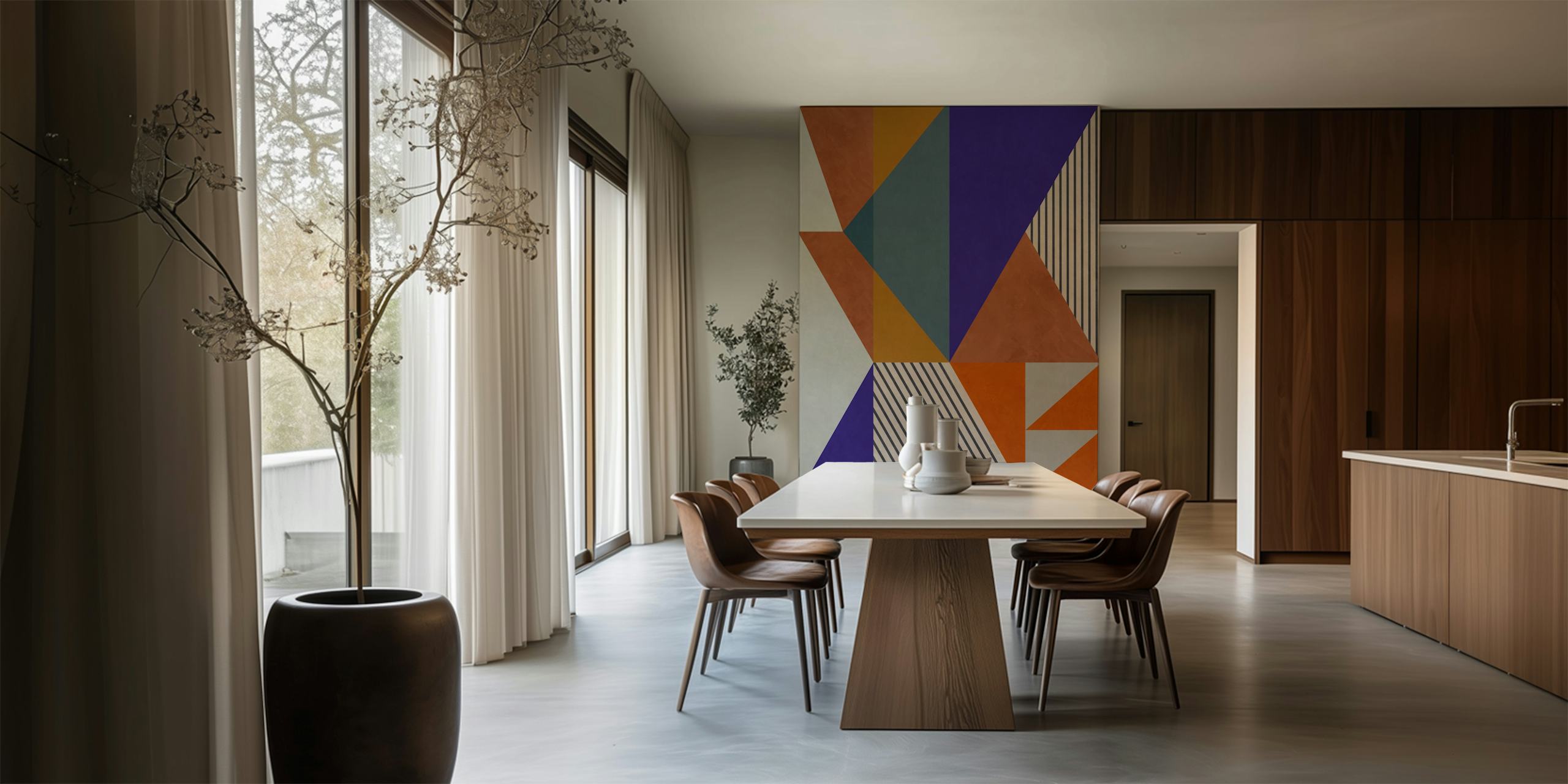 Abstract geometric wall mural in shades of orange, blue, and neutral colors
