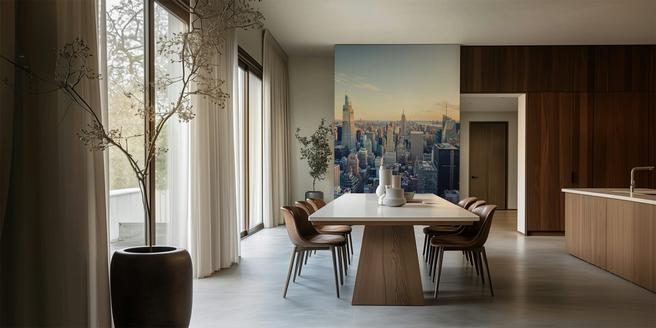 Manhattans skyline i skymningen med gyllene solljus väggmålning