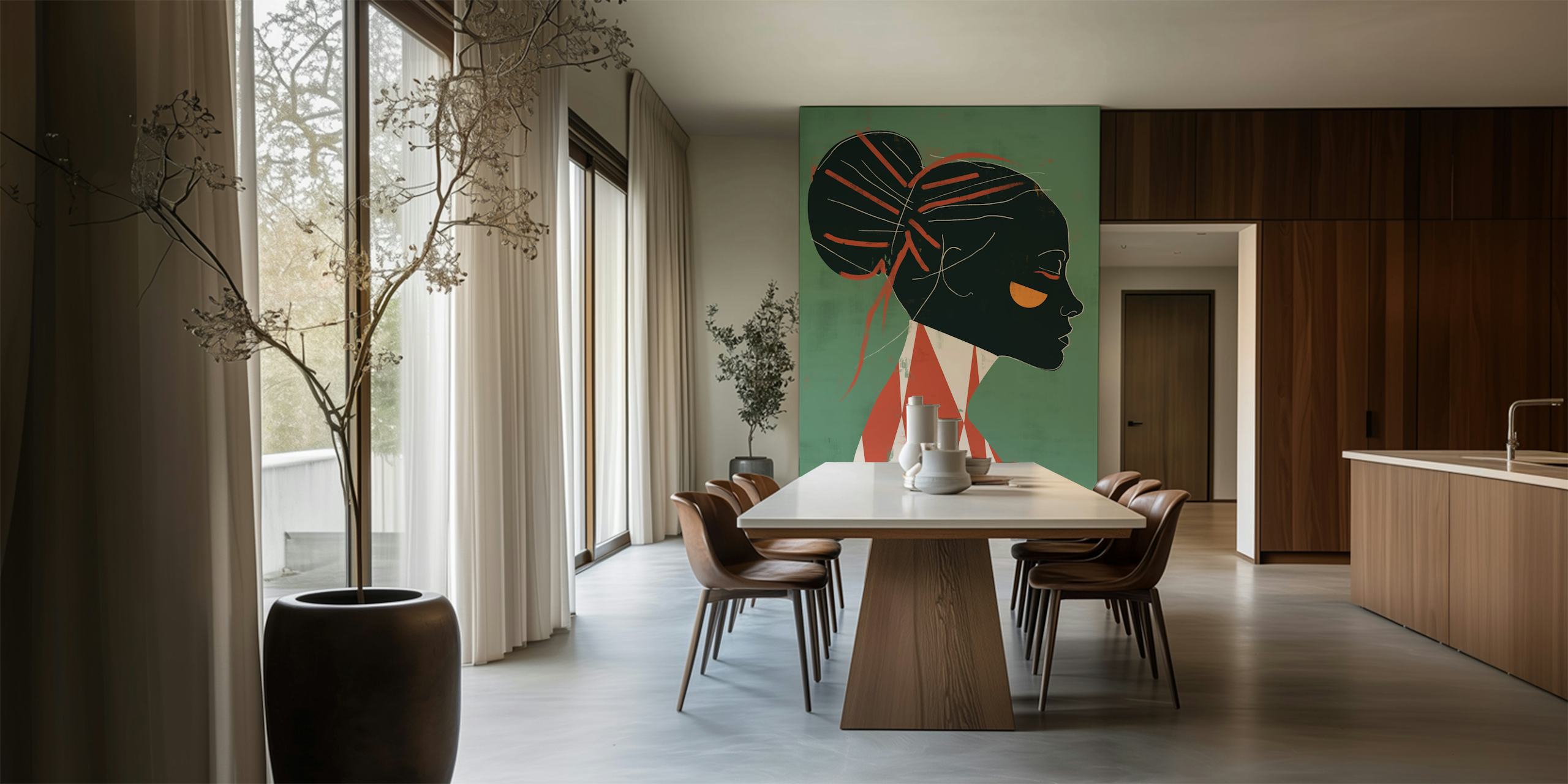 Female profile with red accents on green background wallpaper