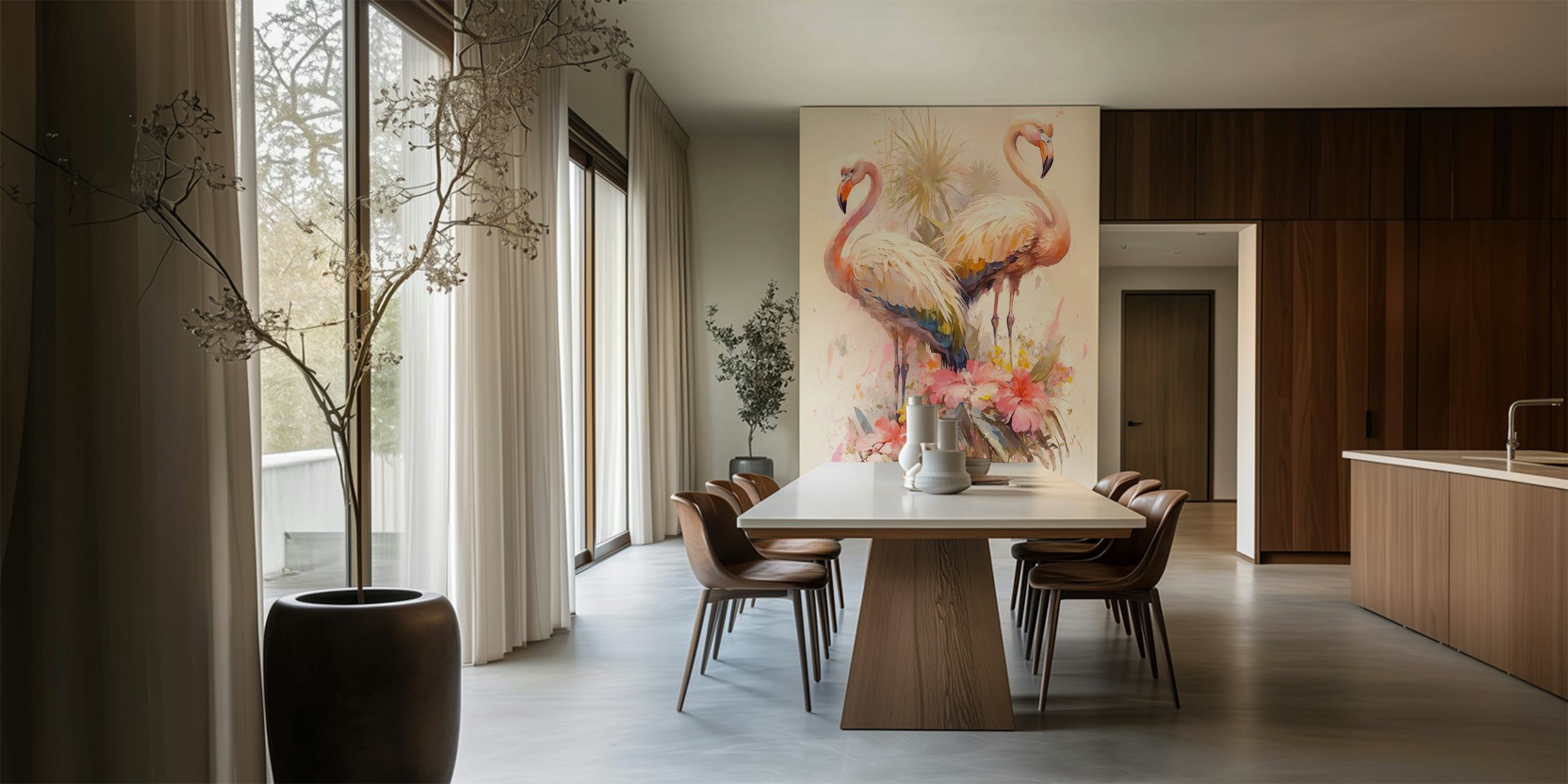 Two flamingos surrounded by floral patterns in pastel colors wallpaper