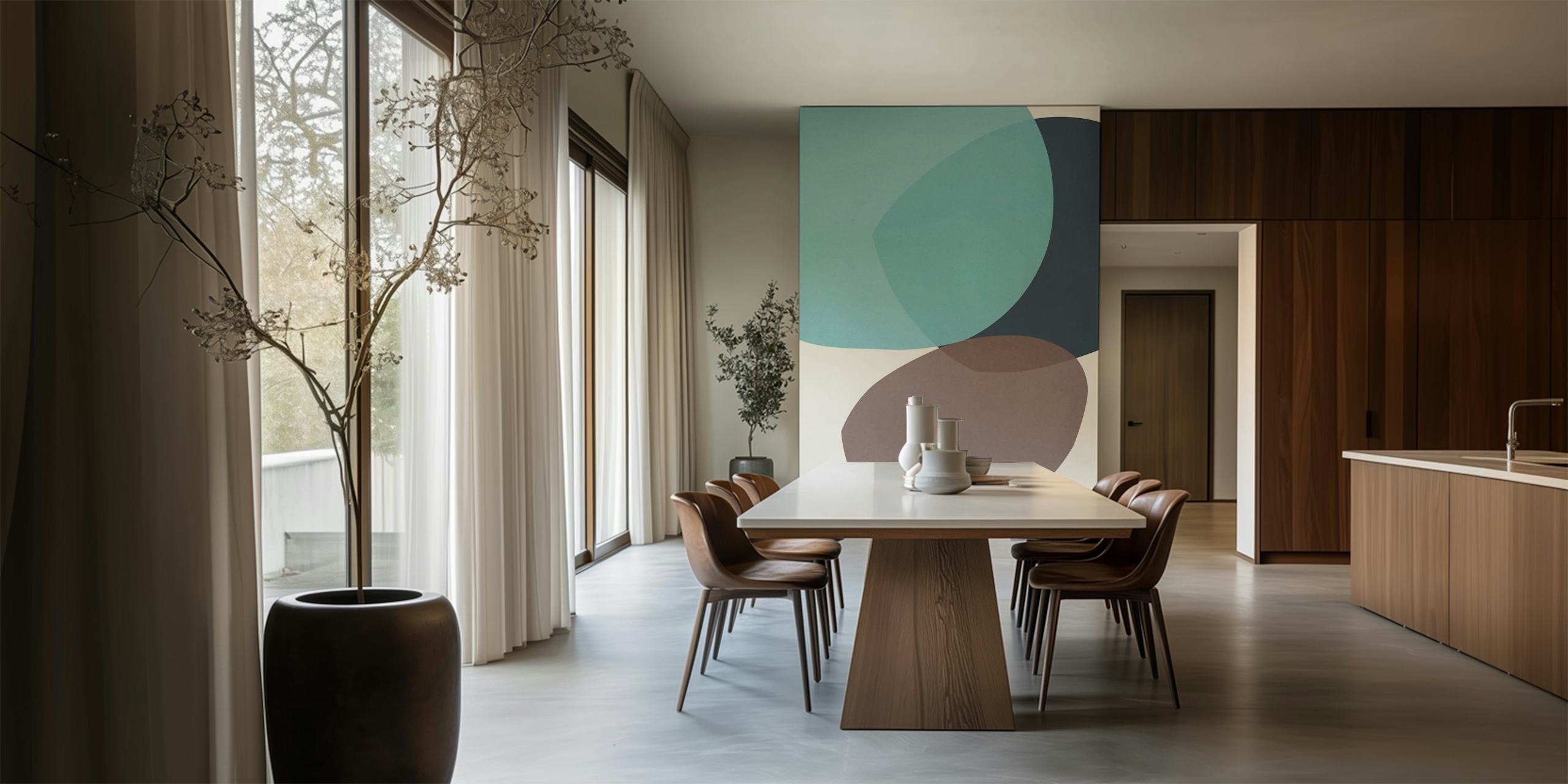 Abstract shapes in blue, brown and beige colors wallpaper