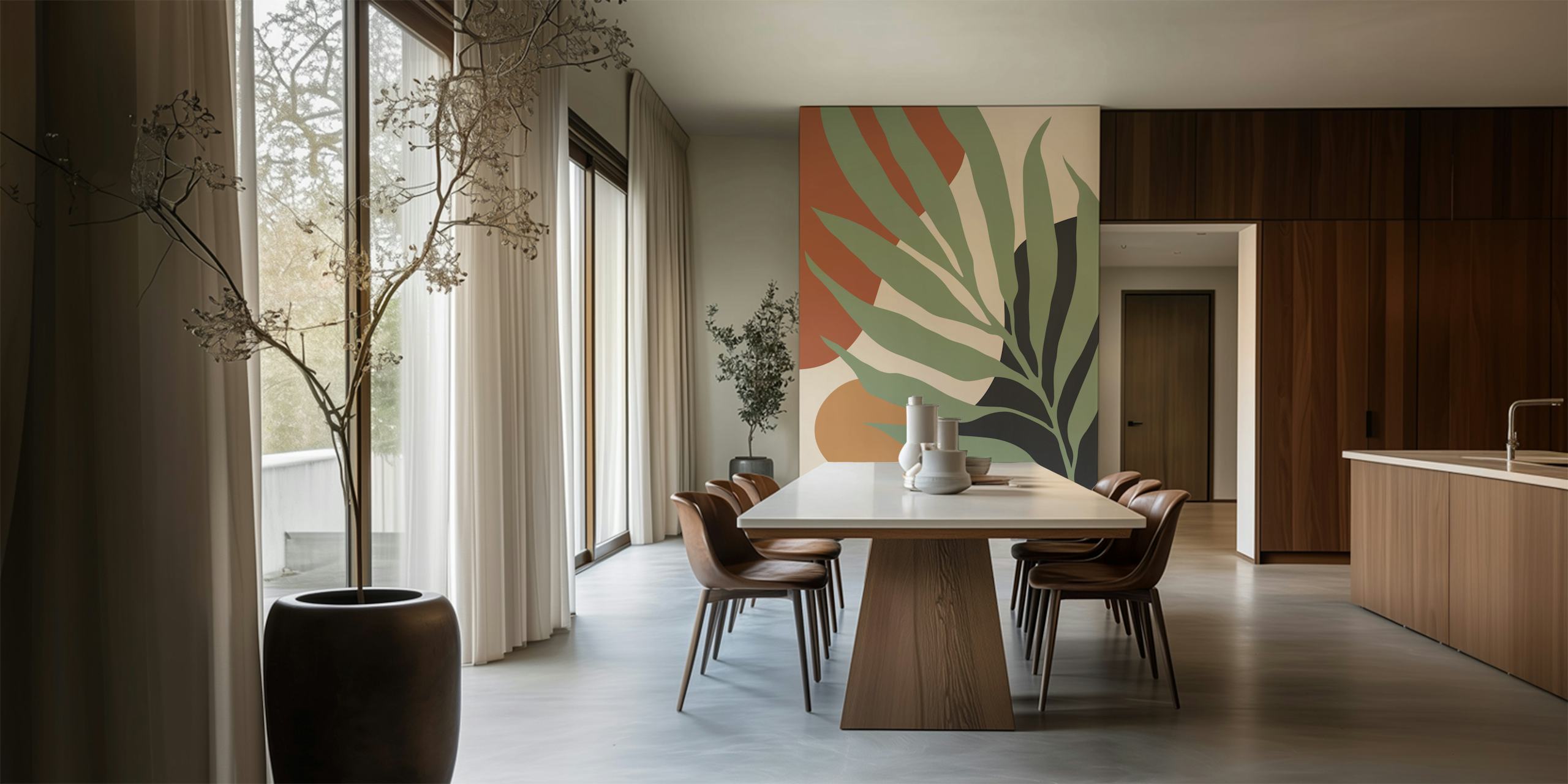 Botanical leaves in earthy colors on a cream background wallpaper