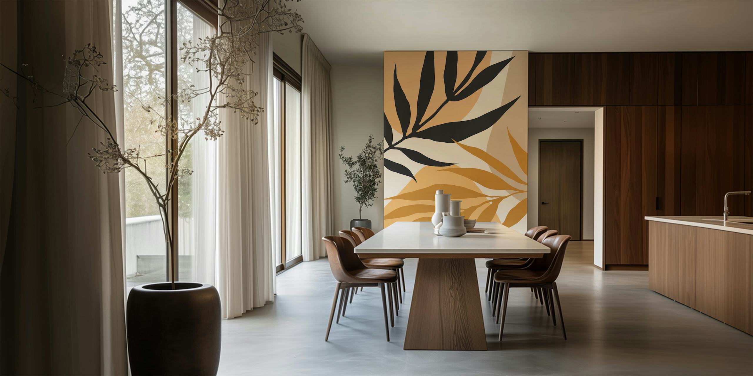 Black and gold leaves design on a warm beige background wallpaper