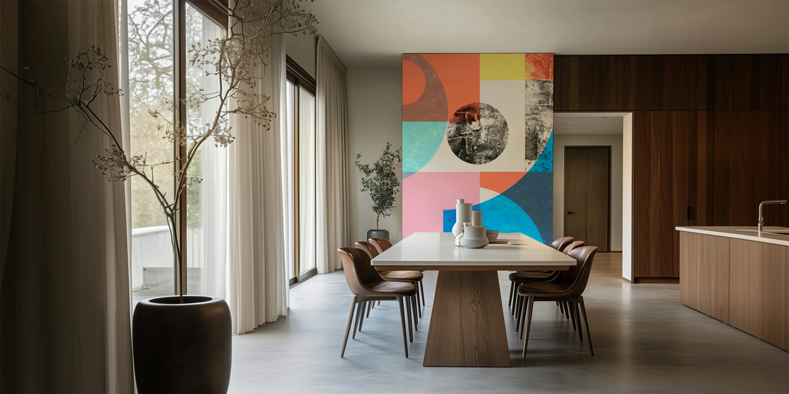 Abstract geometric wall mural with vintage textures and a blend of blue, yellow, and pink tones