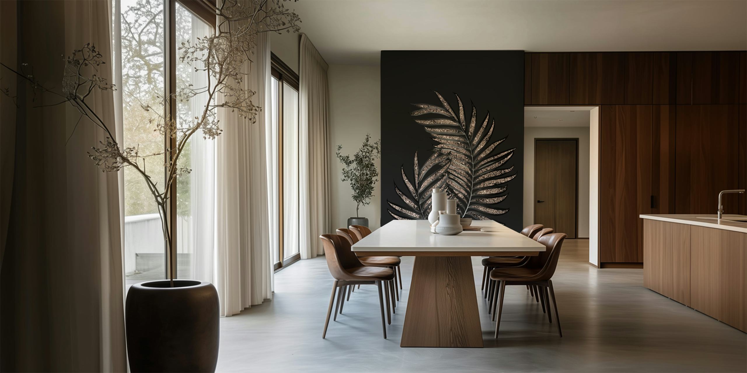 Black palm leaves with glitter accents set against a dark background wallpaper