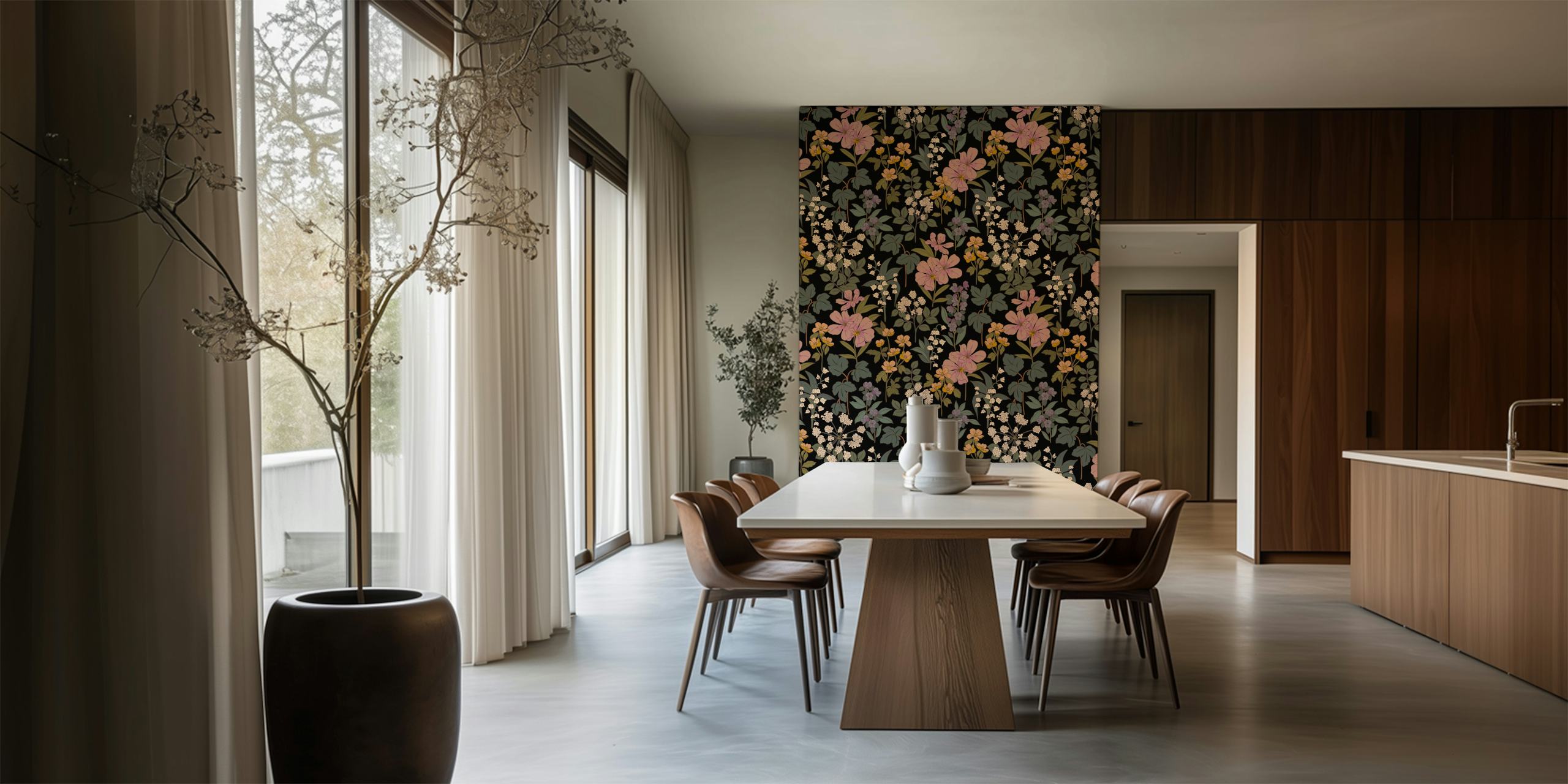 Multicolor floral pattern with pink and yellow flowers on black wallpaper