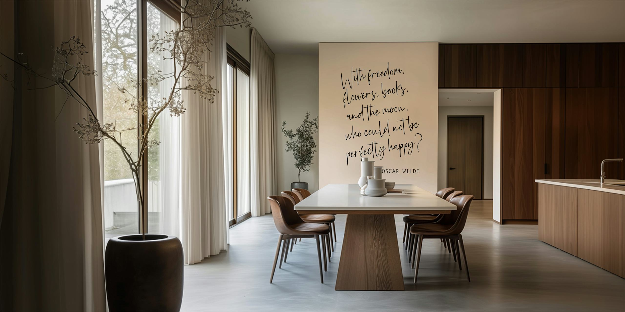 Oscar Wilde quote in flowing script on beige wallpaper