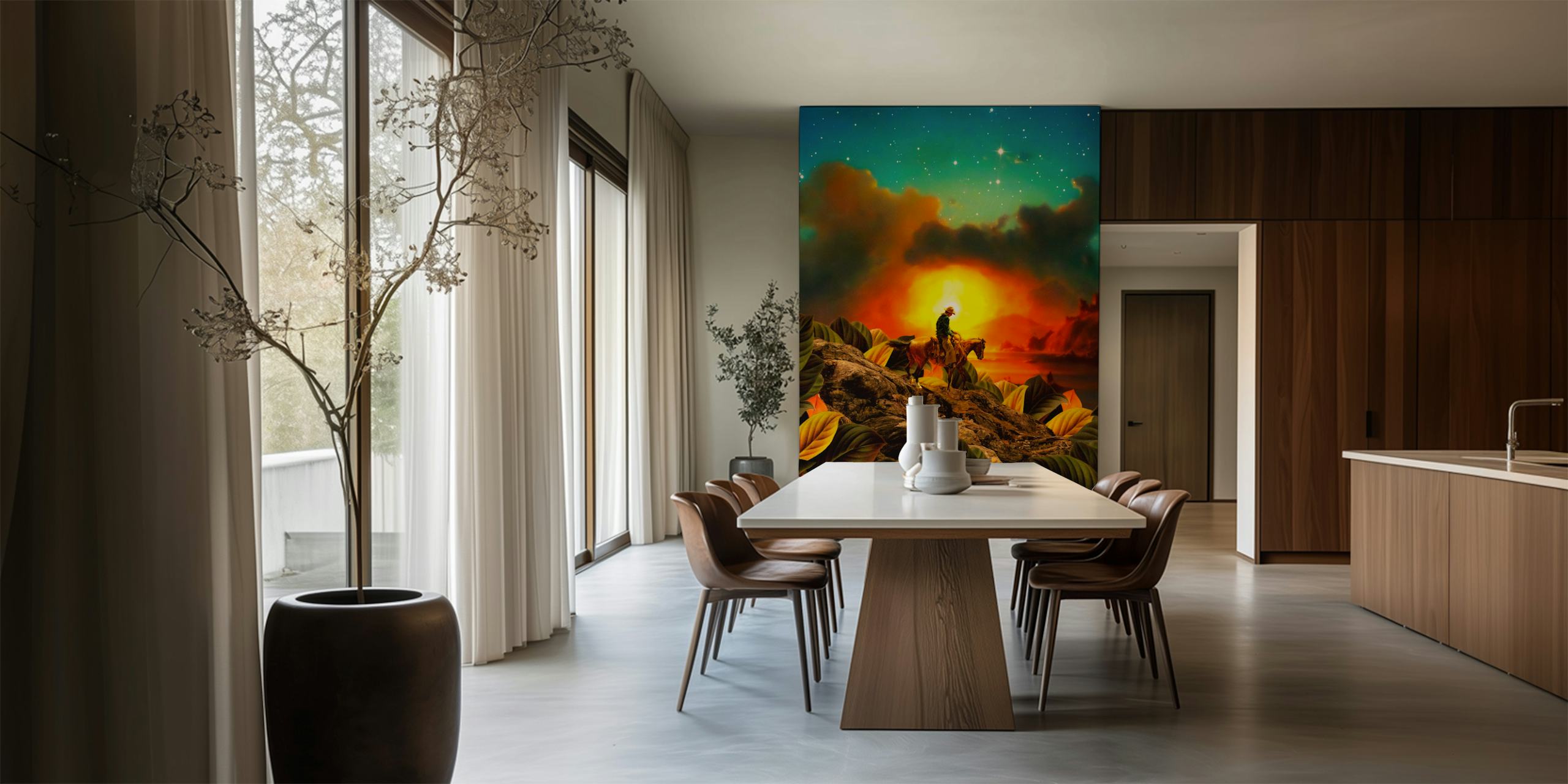 Photo murale silhouette de cavalier et de cheval contre le coucher du soleil avec un ciel éclairé par des étoiles
