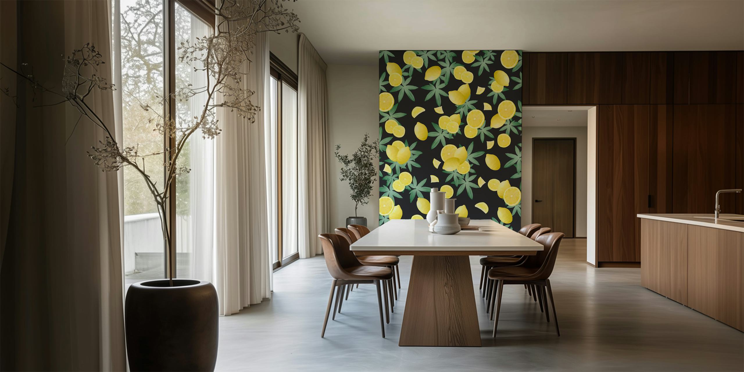 Fototapeta z motywem cytryny i liści na ciemnym tle