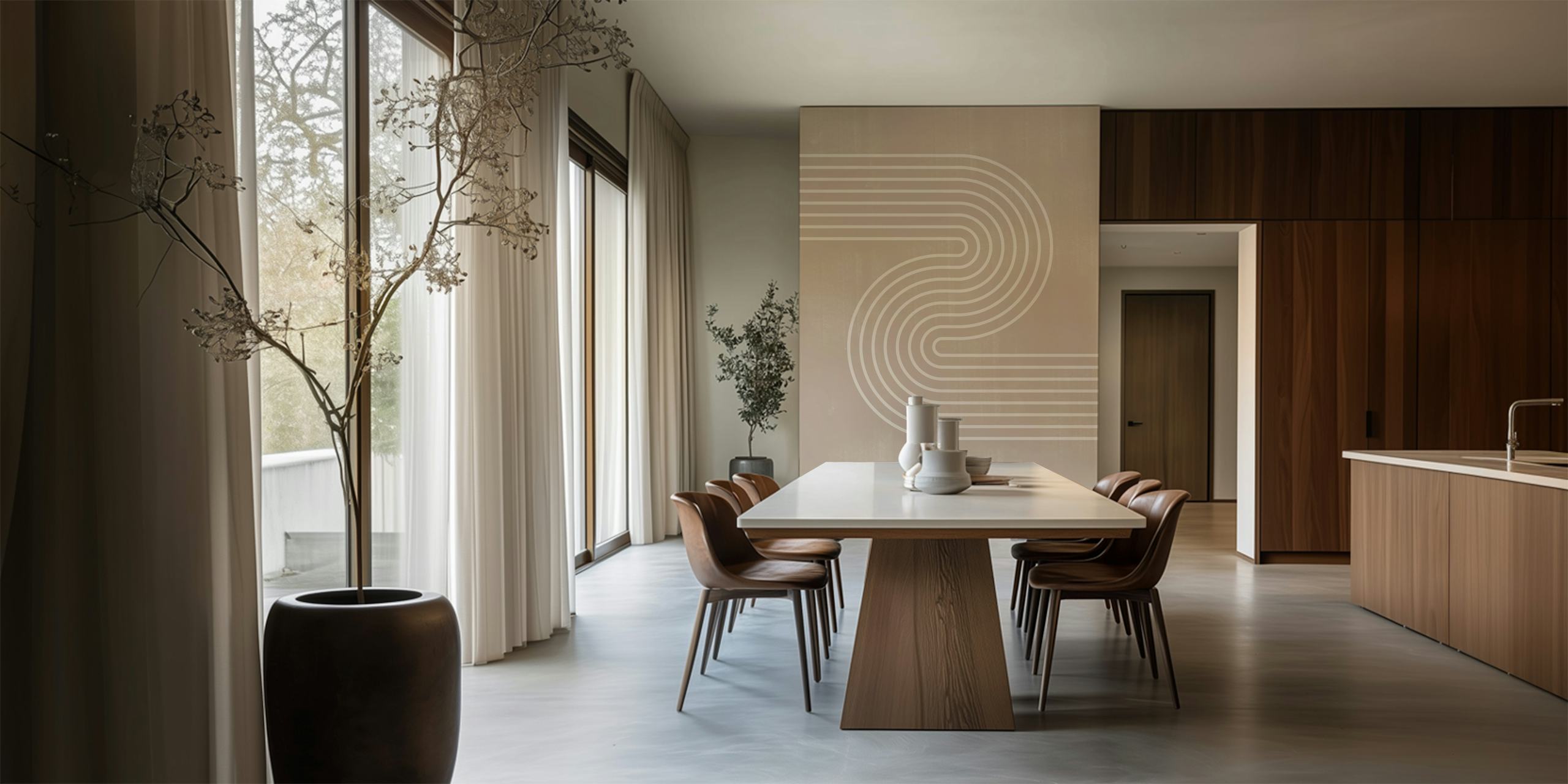 Curved white lines on beige background modern wallpaper