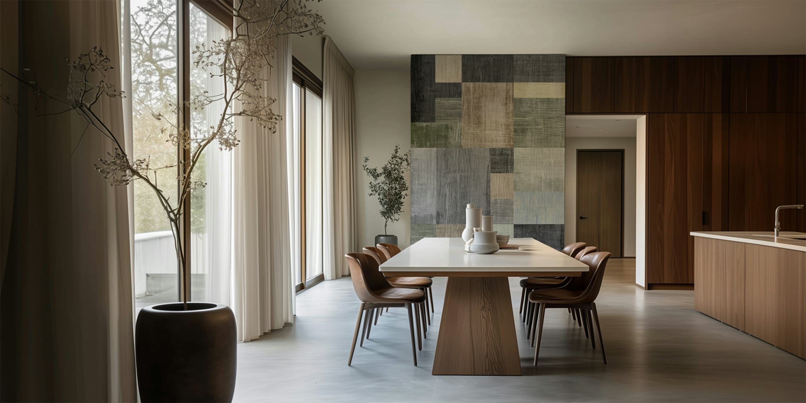 Abstract geometric wall mural in shades of gray, cream, and muted blue creating a modern mosaic design