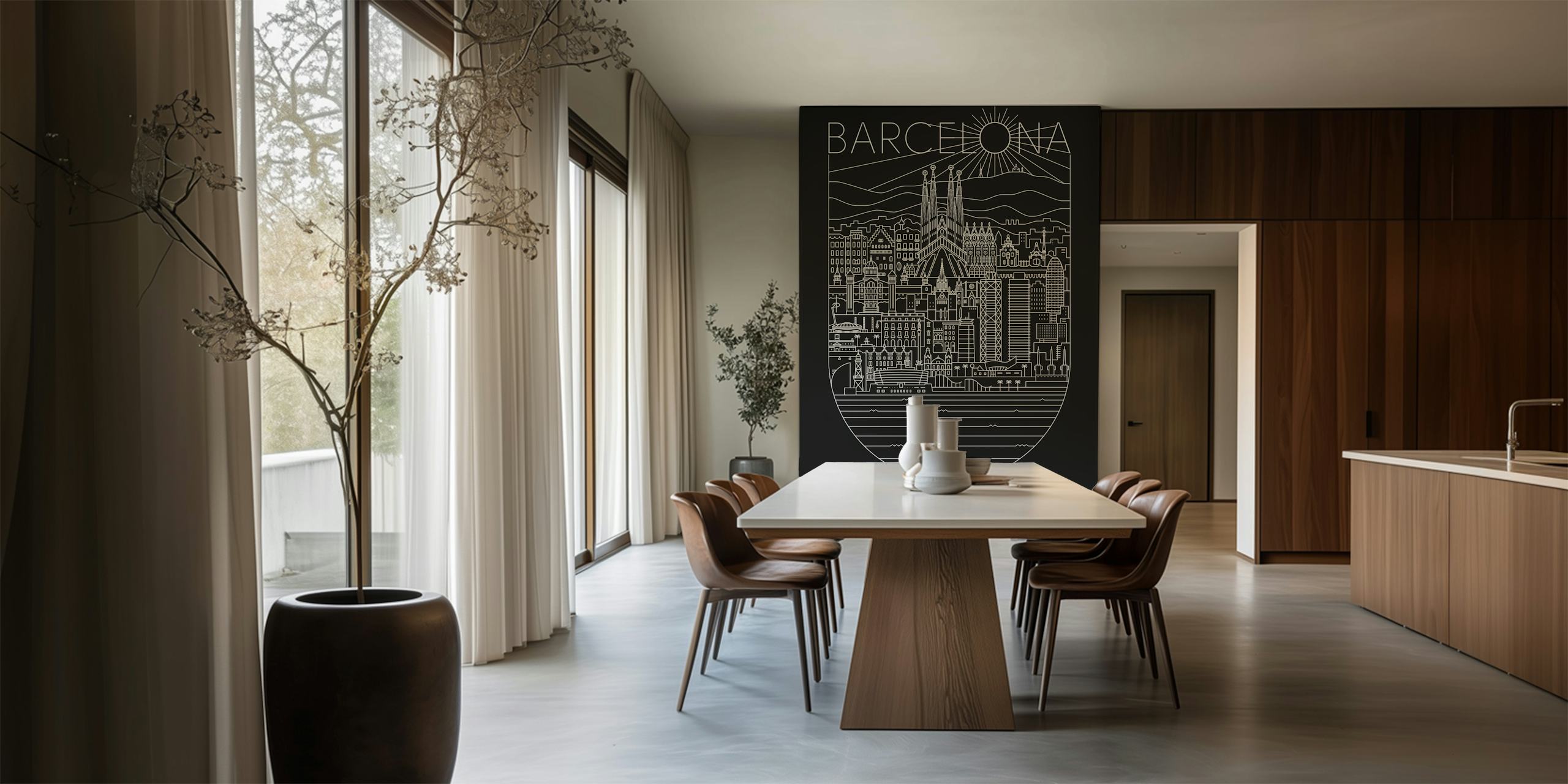 Line art wall mural depicting Barcelona's cityscape with highlights like Sagrada Familia