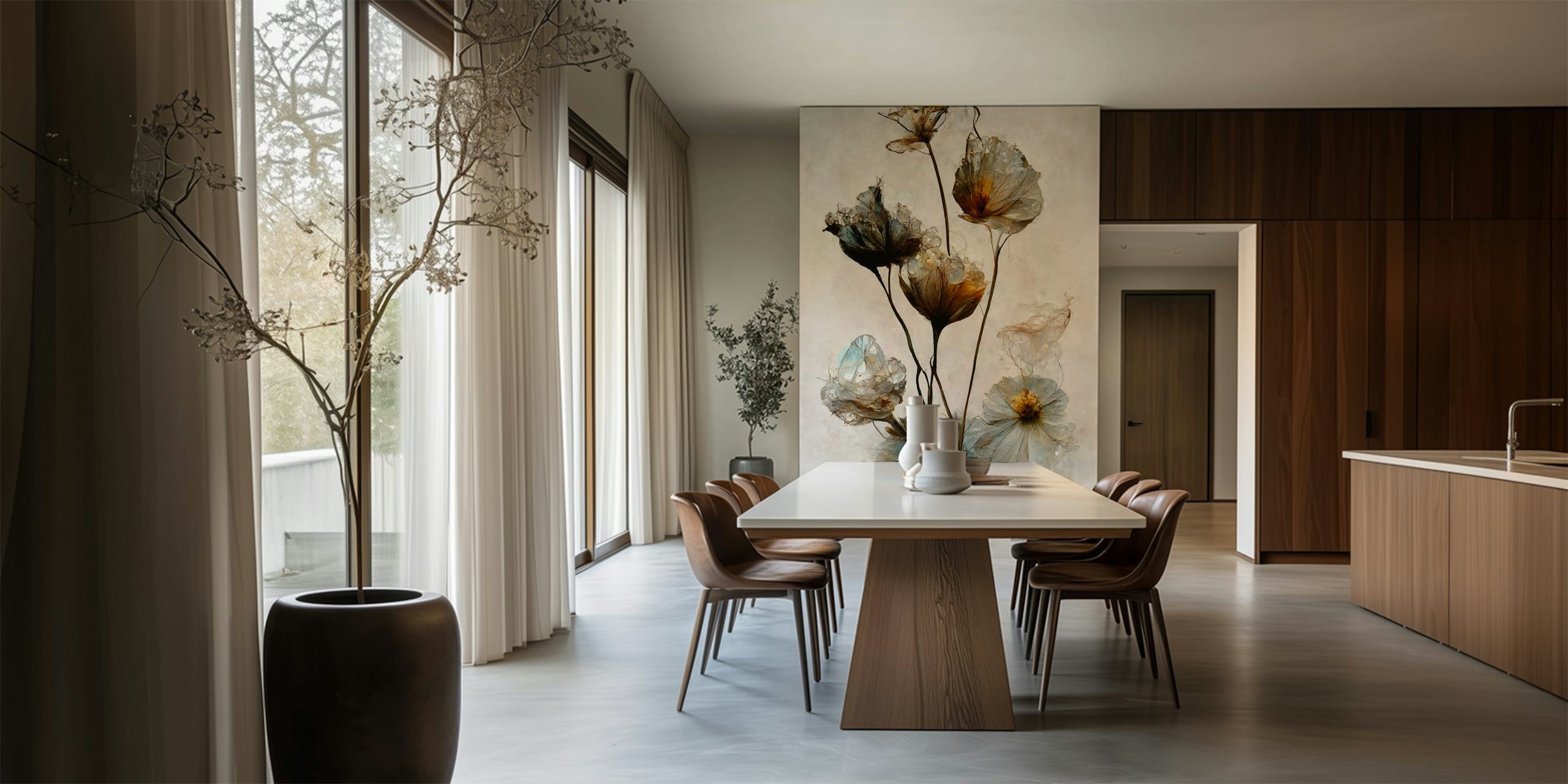 Delicate floral wallpaper featuring soft earth tones and elegant designs.
