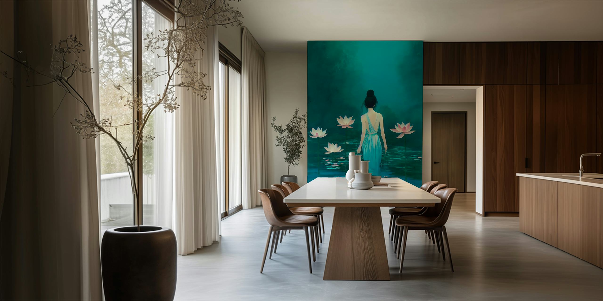 Serene water lilies surrounded by a tranquil blue figure wallpaper
